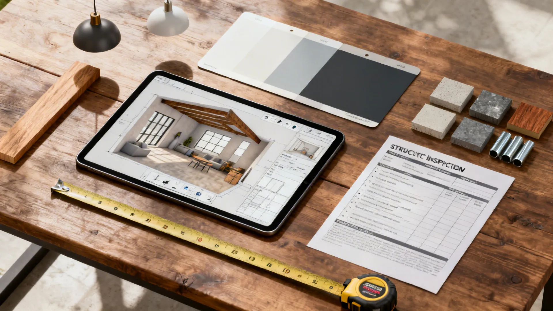 Flatlay of a tablet with a 3D planner, paint swatches, material samples and a checklist for beam planning.