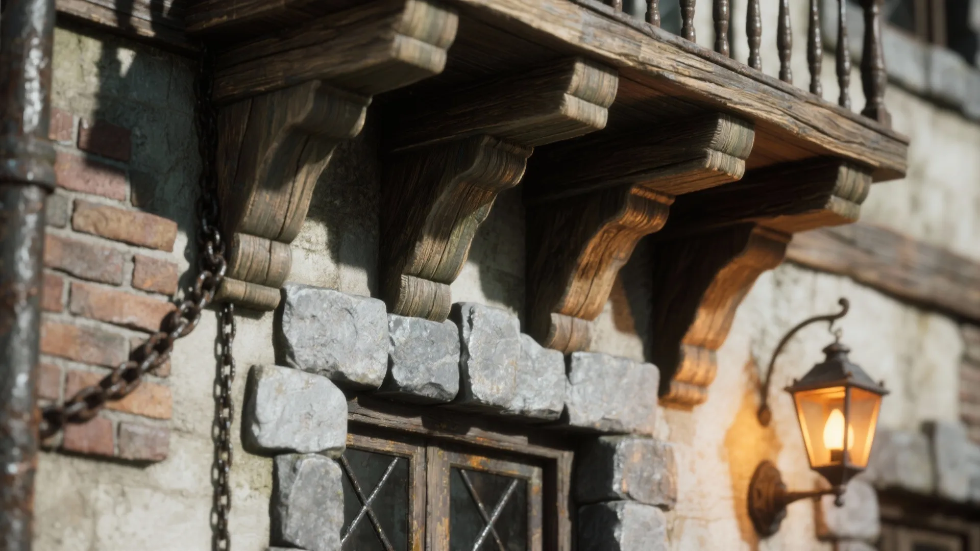 Rustic stone-and-wood balcony with beams