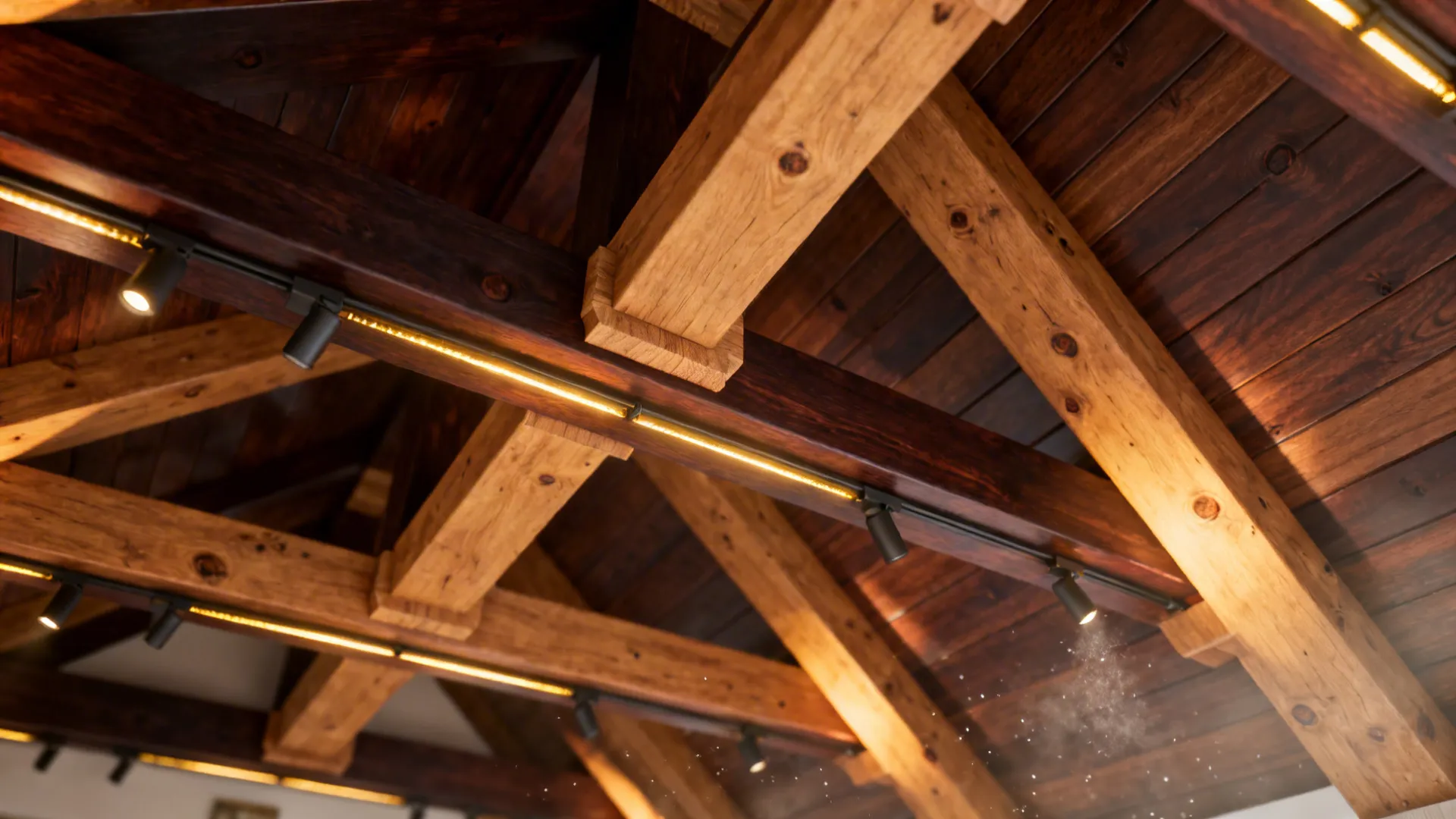 Close up view of dark and light wood ceiling beams with modern black light fixtures