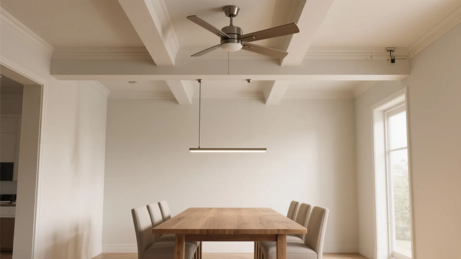 Dining room with a ceiling fan and long light fixture over a wooden dining table