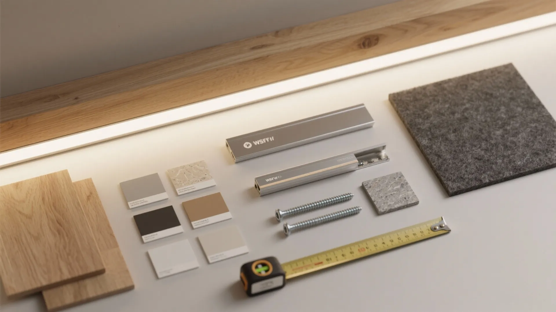 Interior design materials flatlay with wood samples color swatches metal tracks screws and tape measure
