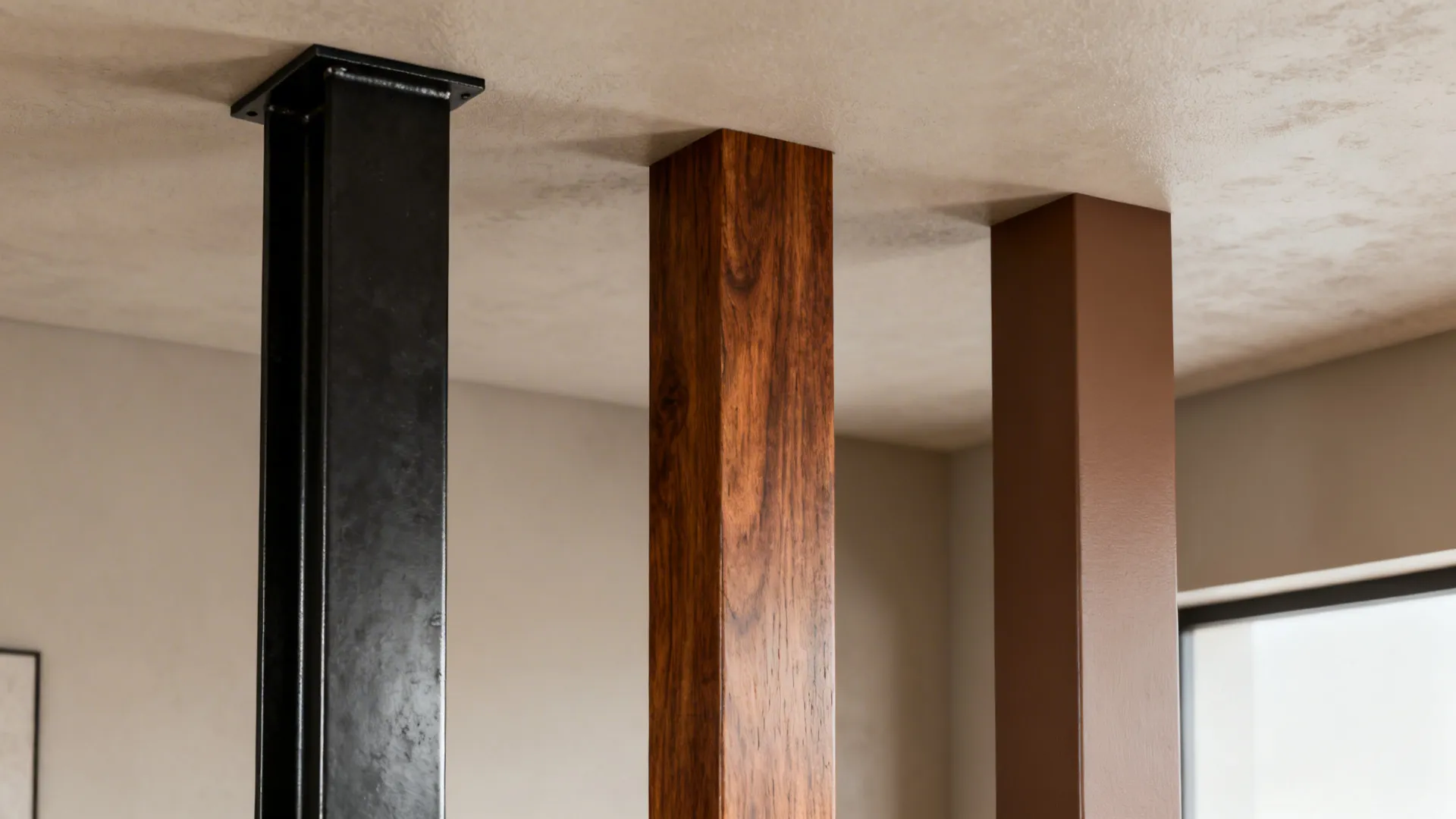 Comparative close-up of an exposed beam finished in black steel, walnut stain, and matching ceiling paint.