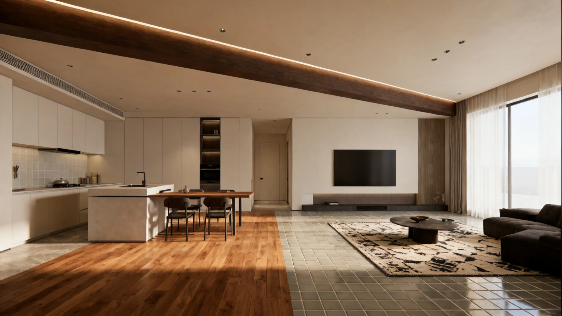 Open layout with visible structural beam and contrasting flooring to define kitchen and living areas