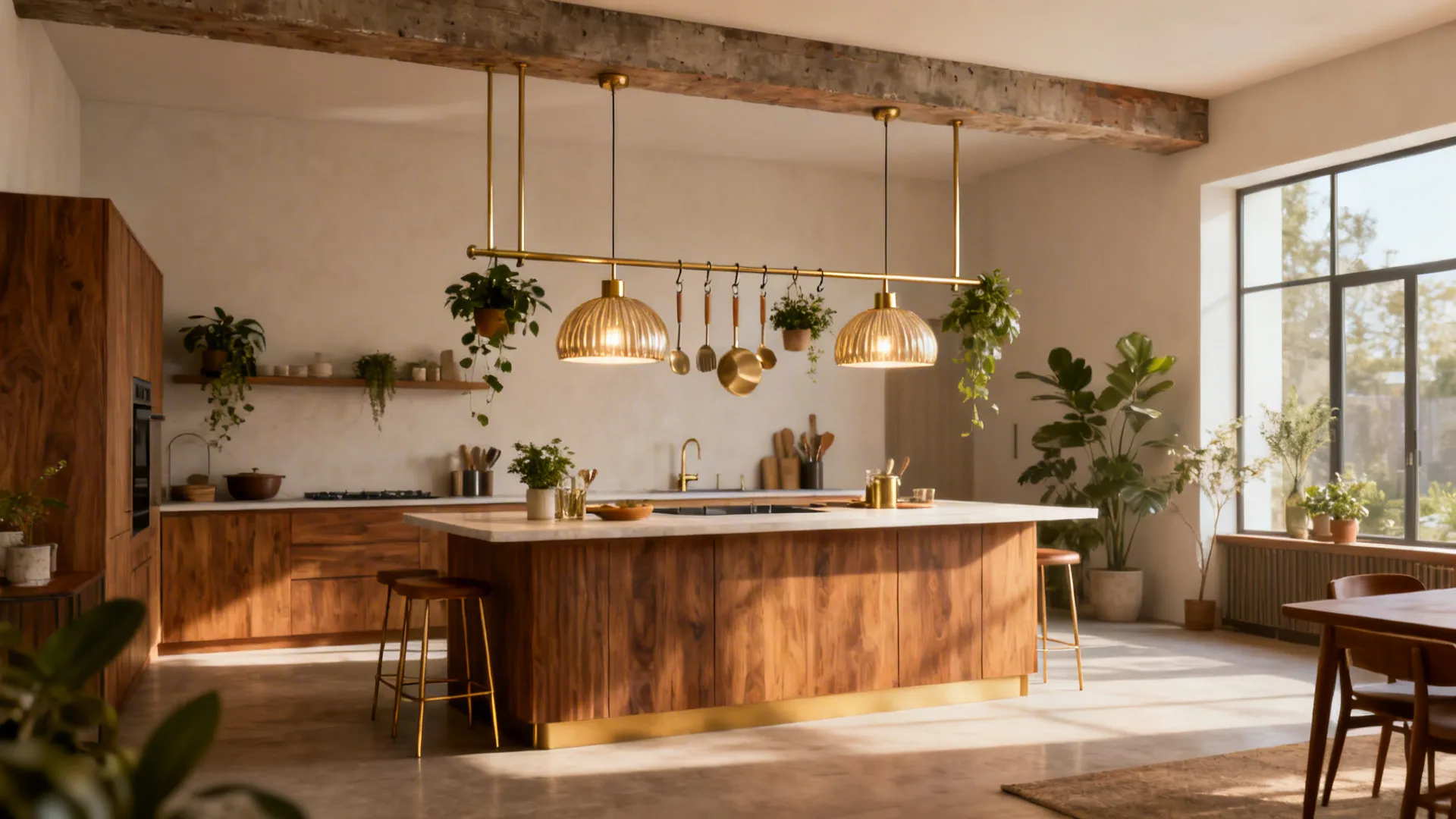 Kitchen island with pendant lights and a slim hanging rail suspended from an exposed beam, creating a zone separation.