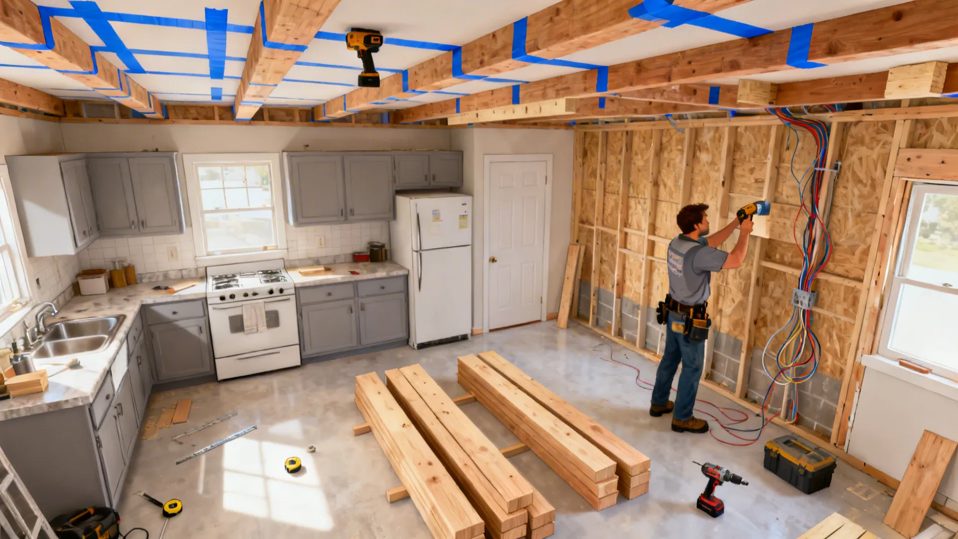 Top-down sequence showing mock-up, blocking, pre-finish, and electrical rough-in for beams.