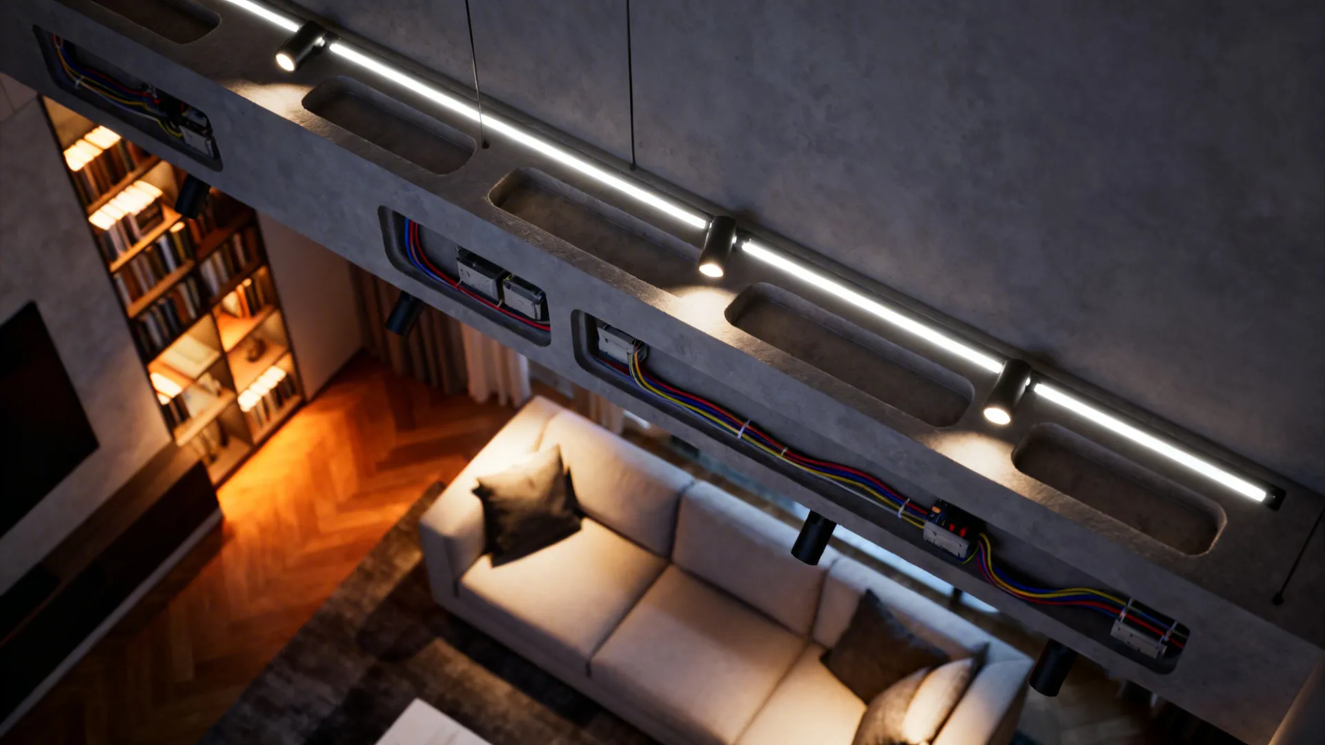 Top-down view of a ceiling beam with integrated LED strips and spotlights above a cozy seating area.