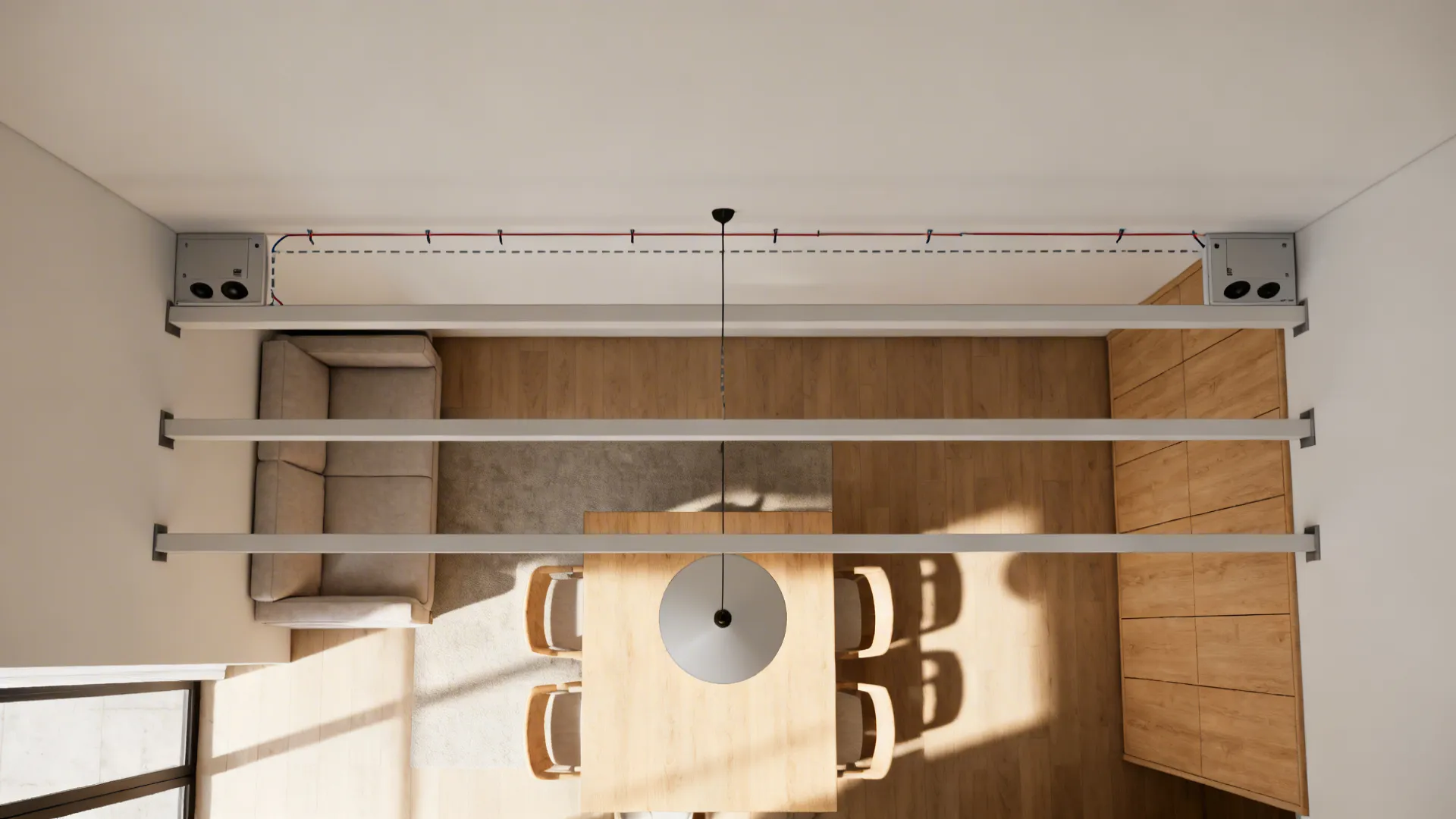 Top-down view of a living–dining plan with slim beams aligned to the lounge and concealed wiring paths.