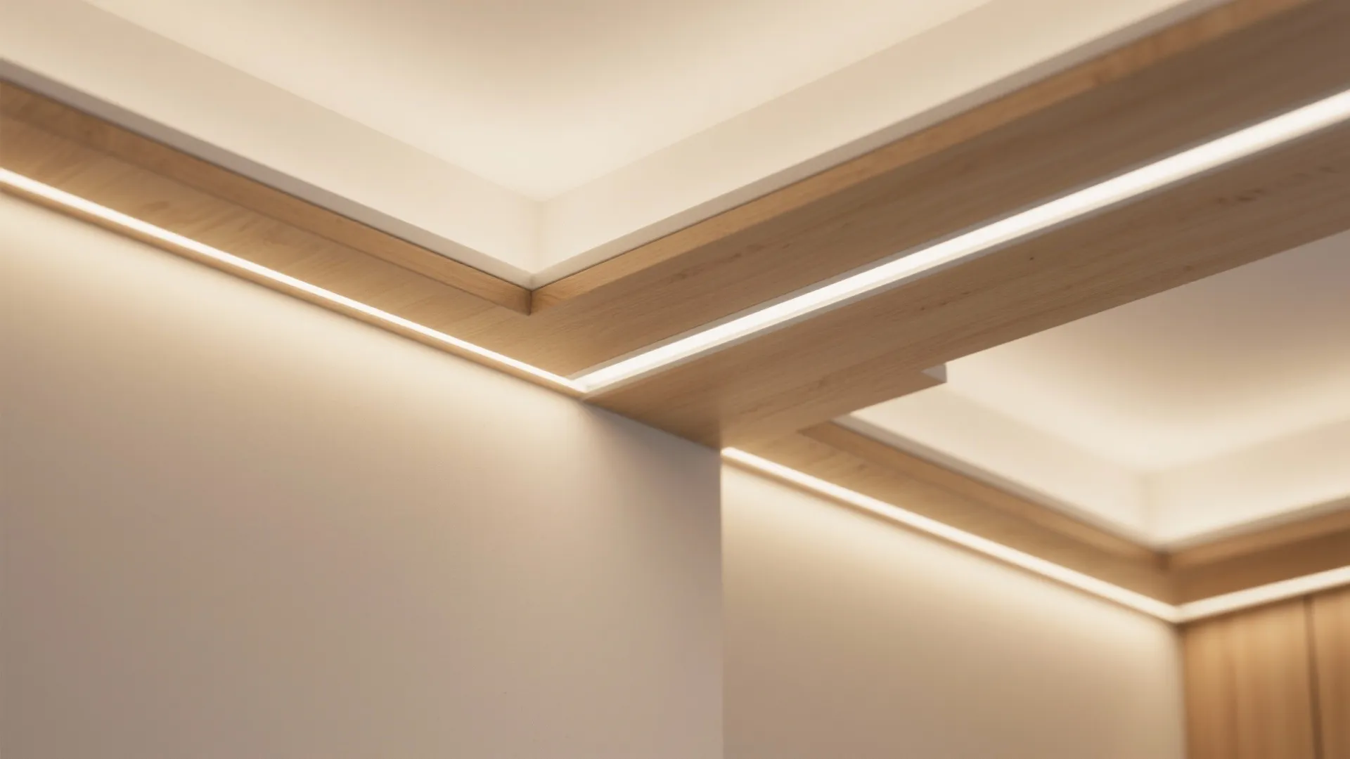 Modern ceiling design featuring wooden beams with integrated led light strips and warm ambient lighting
