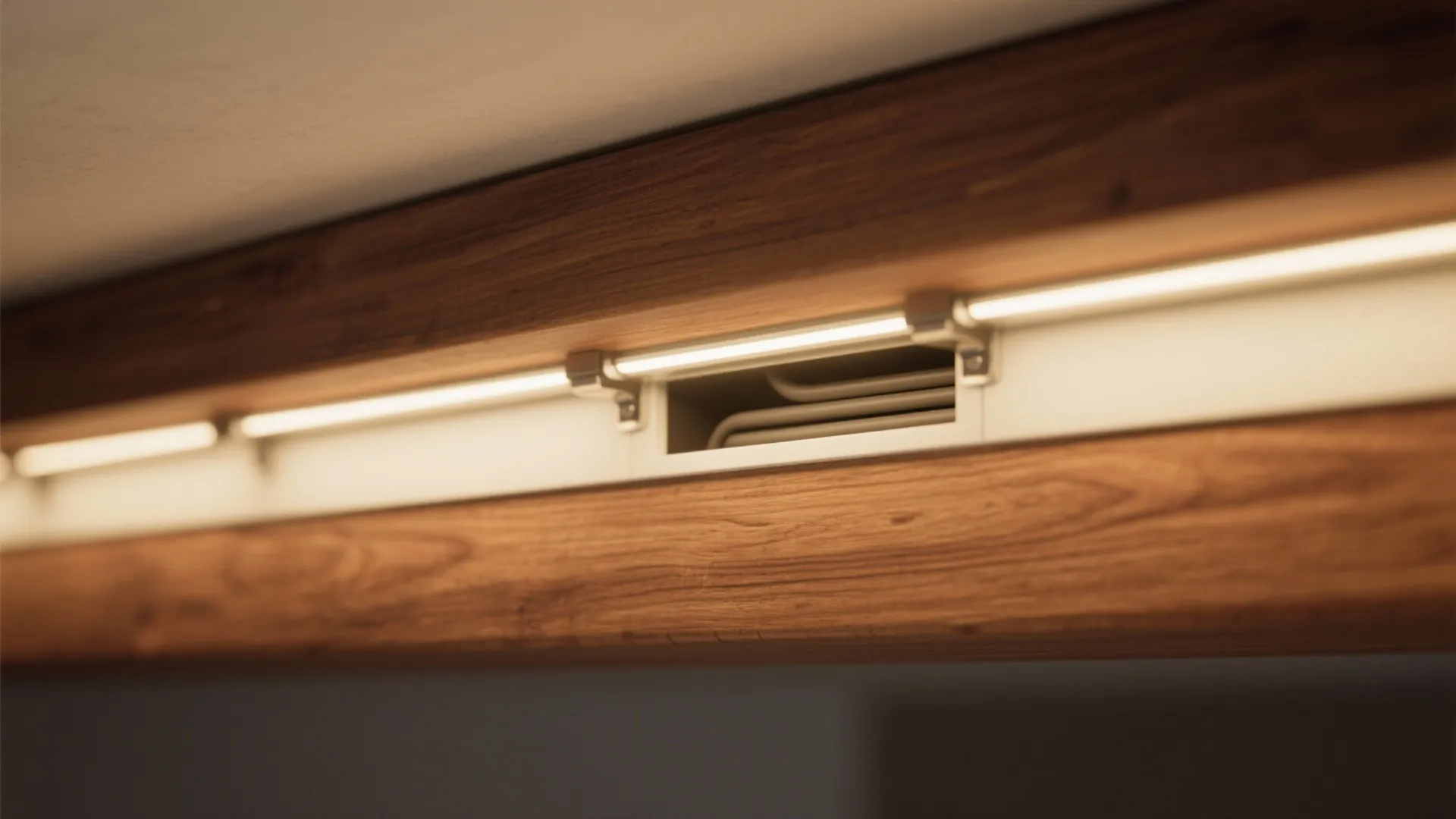 Close up of a wooden ceiling beam with installed light fixture and hidden wire compartment