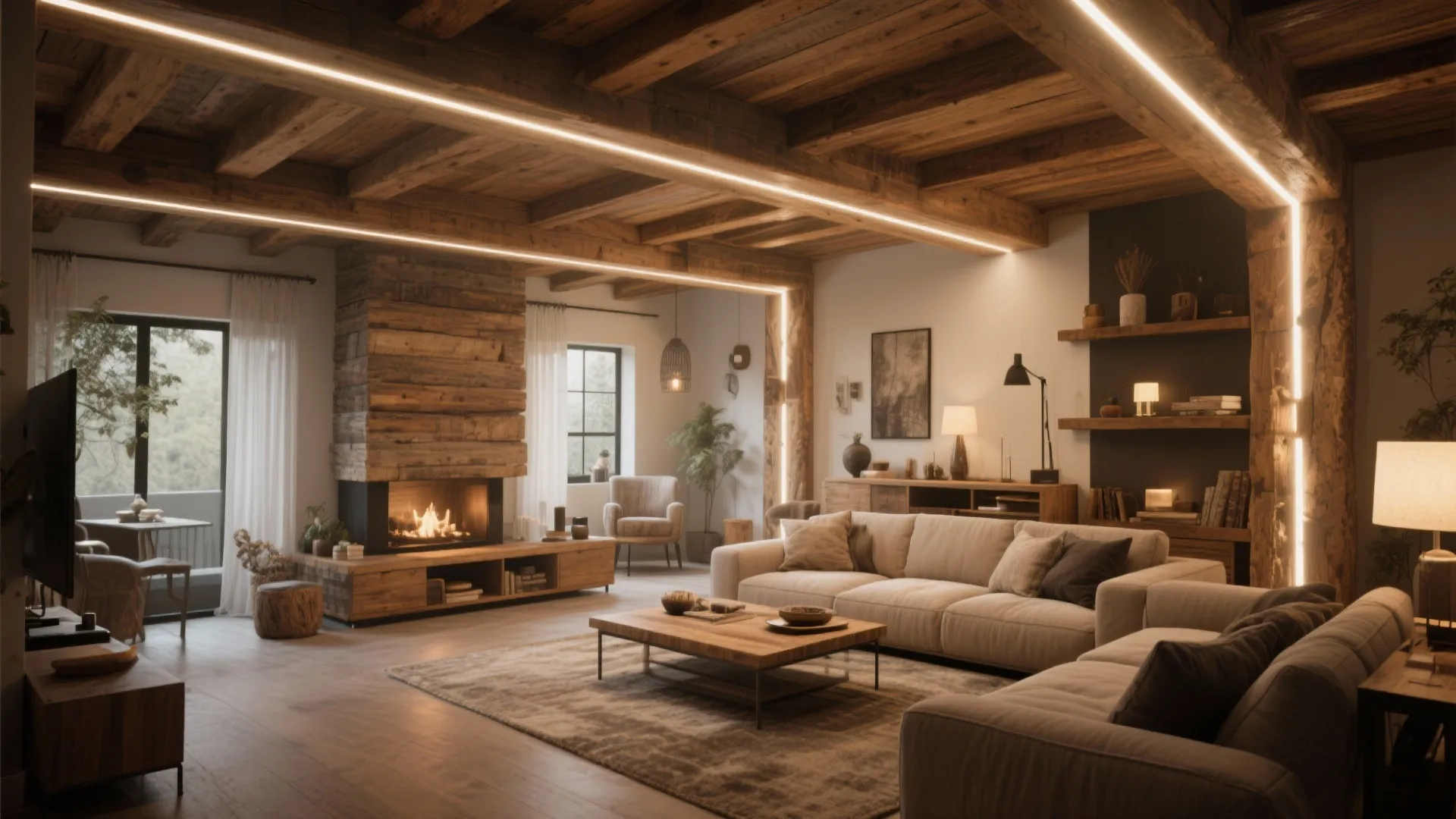 Exposed ceiling beams lit with warm LED strips
