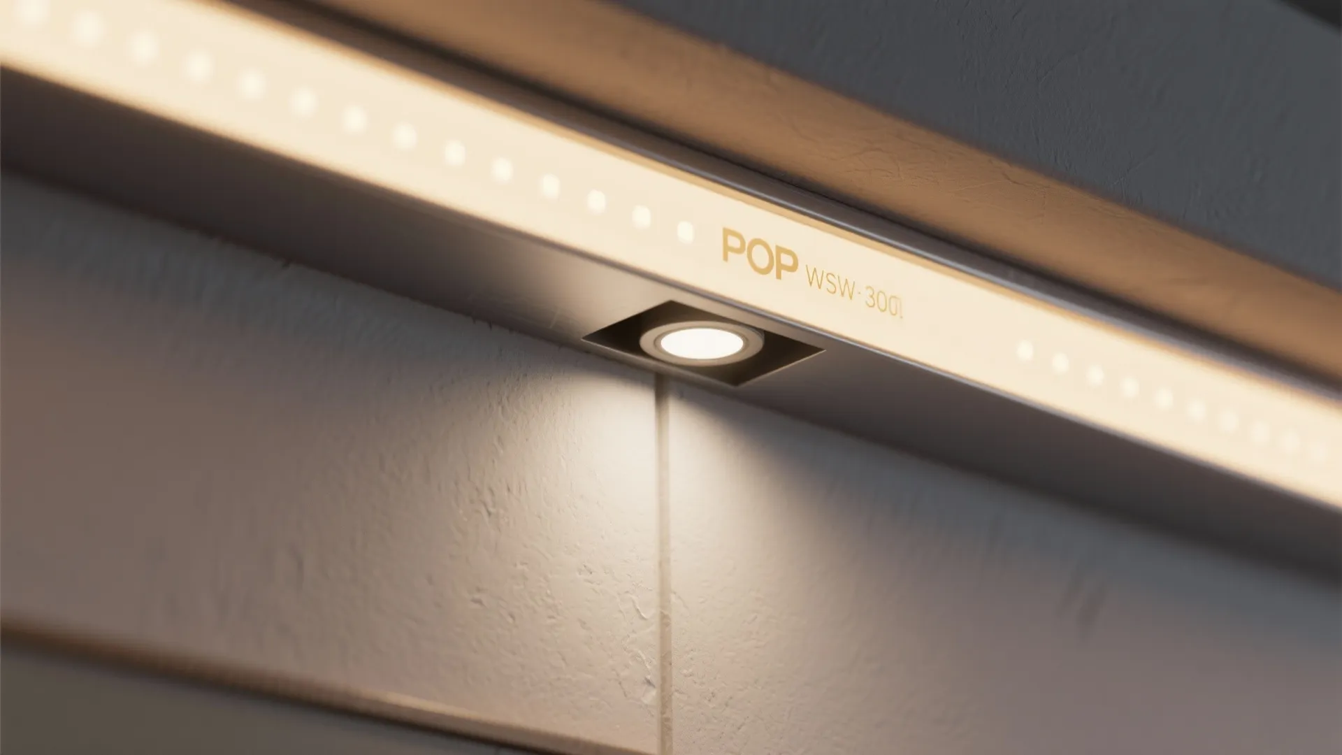 Close up view of a slim light fixture with warm LED dots installed on white wall