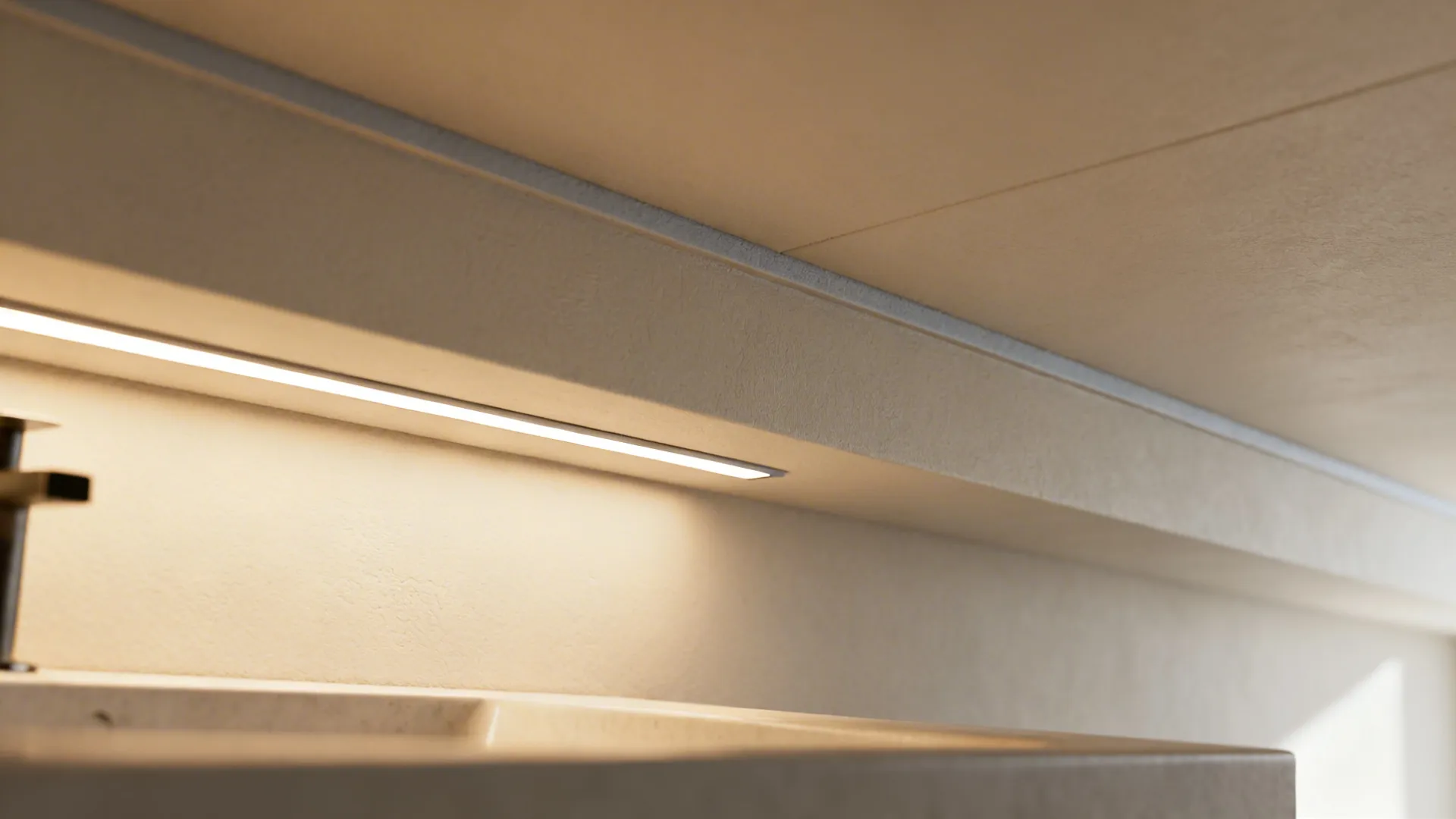 Macro of a shallow POP beam with recessed linear LED washing the counter below.