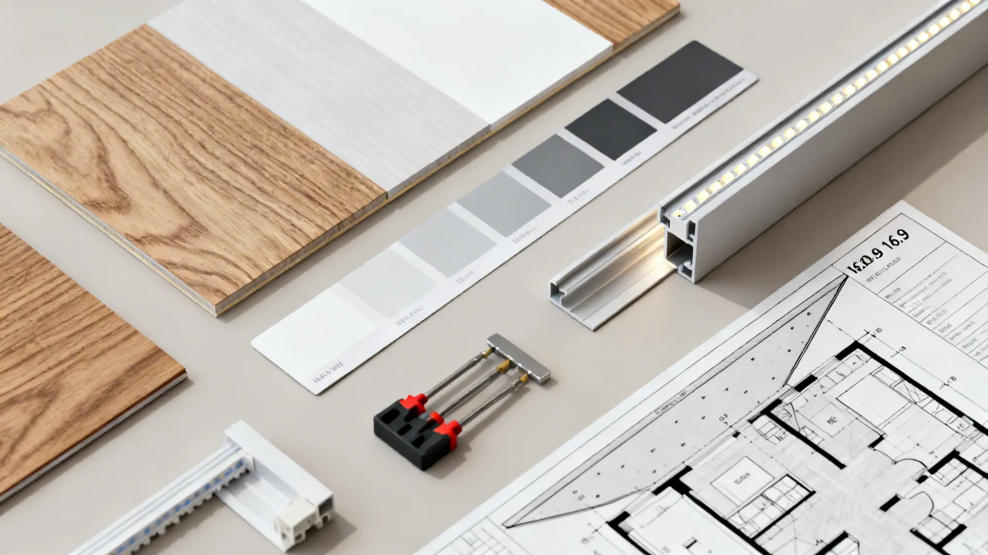 Flatlay of beam material samples: wood veneer, paint chips, LED strip sample and scale planner.