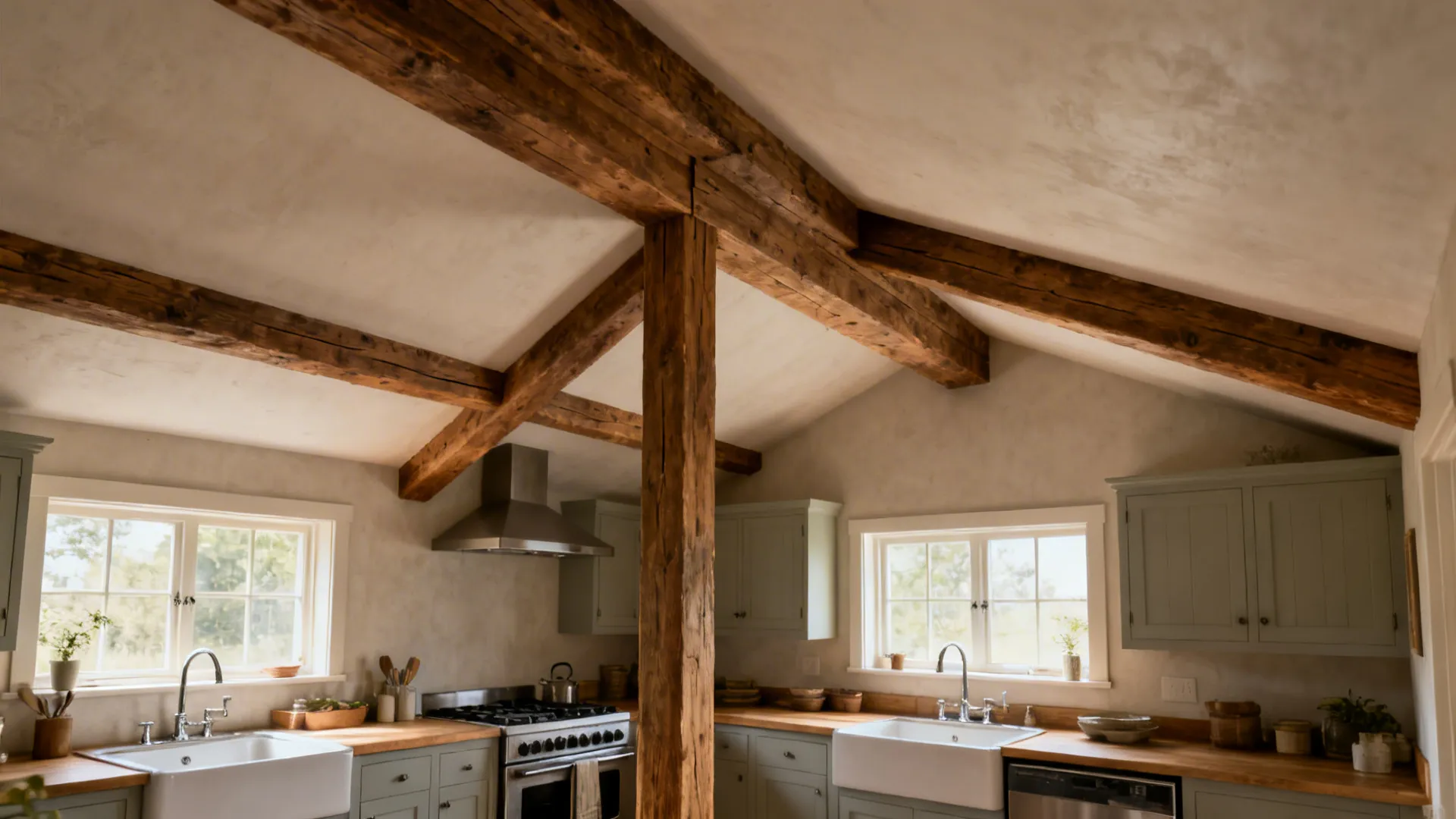 Before-and-after of a small kitchen showing oversized beams versus slim aligned beams.