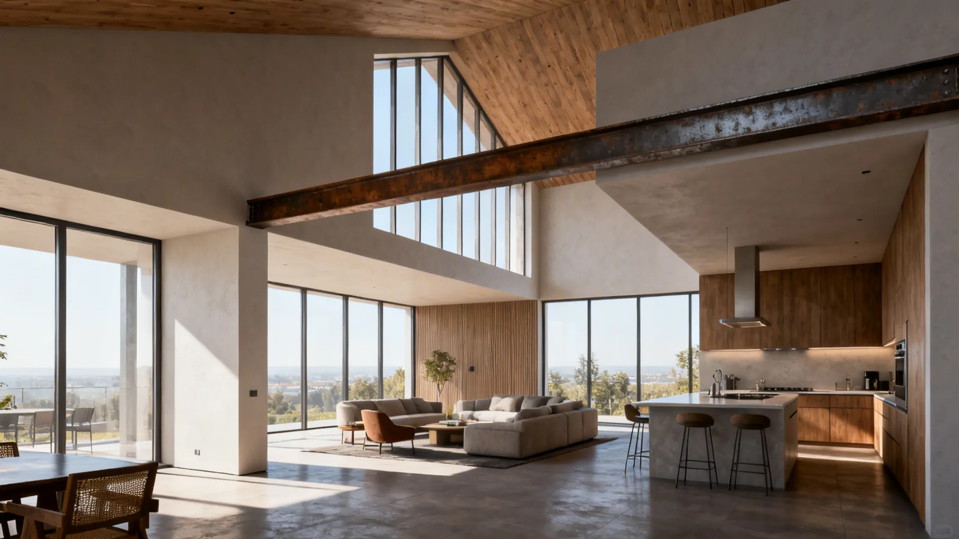 Open-plan kitchen and living area featuring a full-height opening with an exposed structural beam