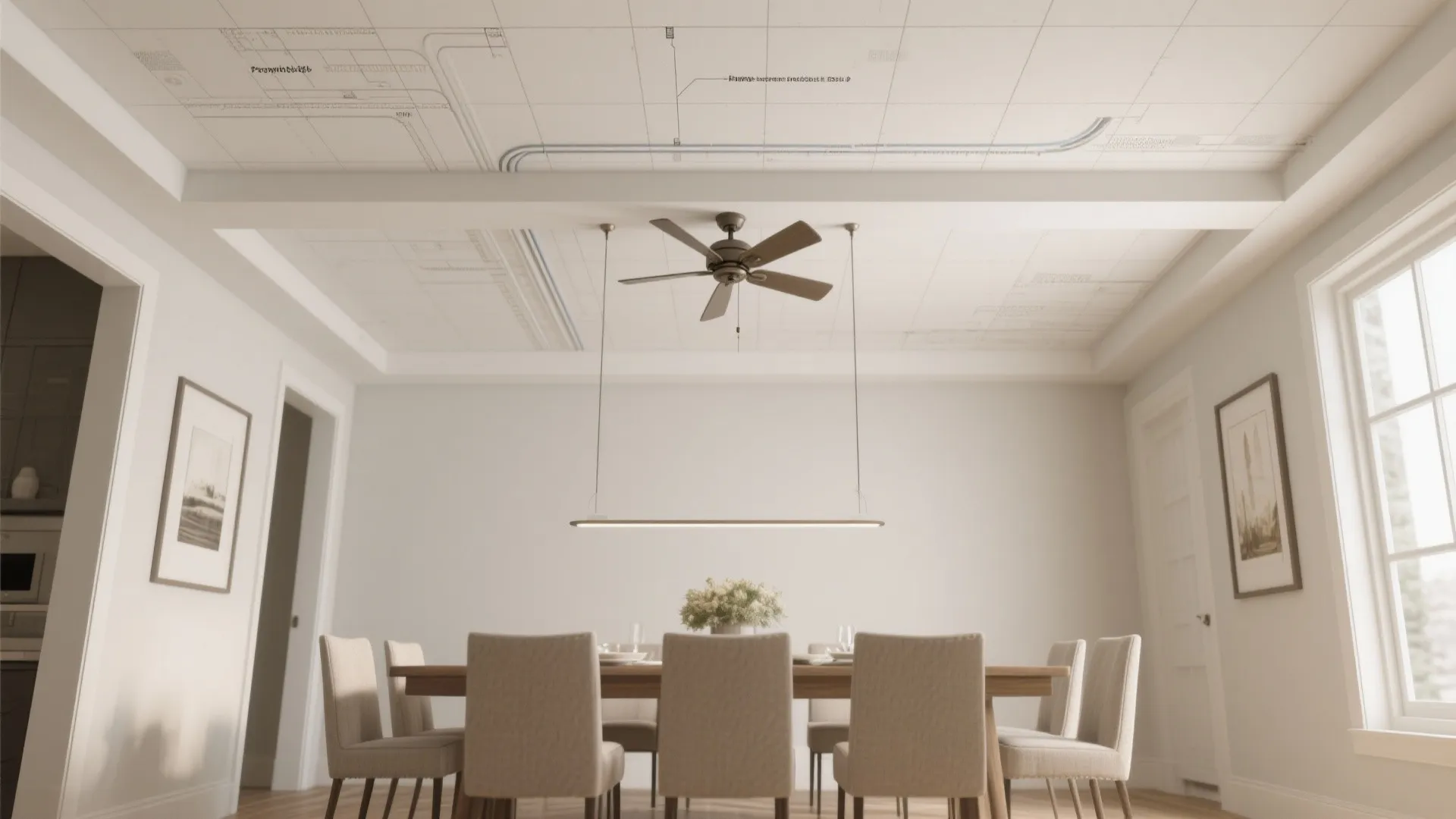 Dining room with a ceiling fan and light fixture showing an interior design drawing overhead