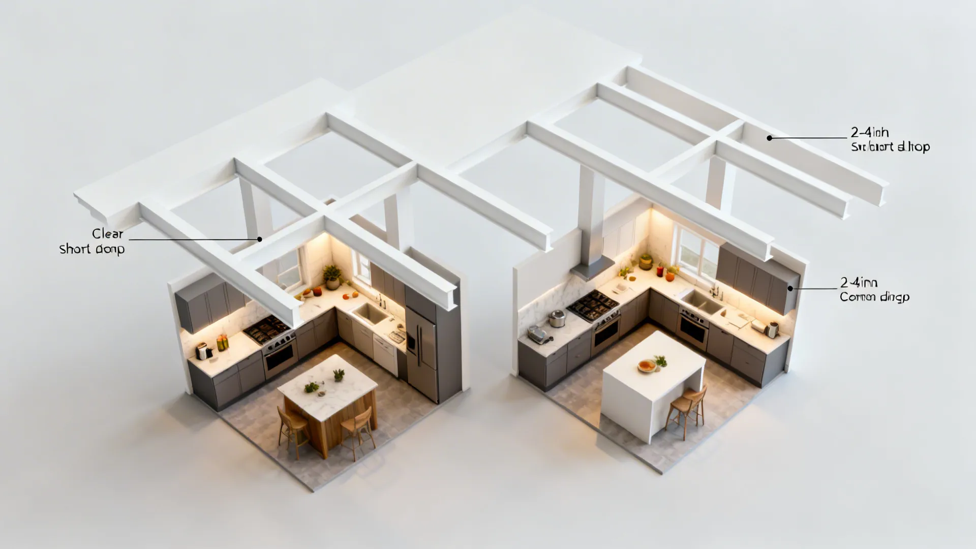 Top-down layouts showing optimal beam orientation and shallow boxes in small kitchens.