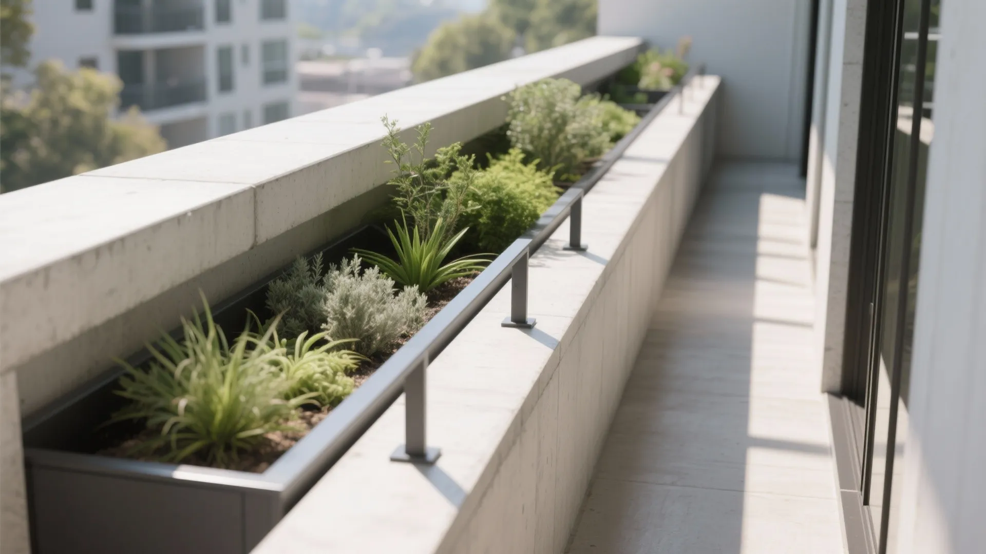 Long narrow balcony planter box with various green plants and a black metal safety rail