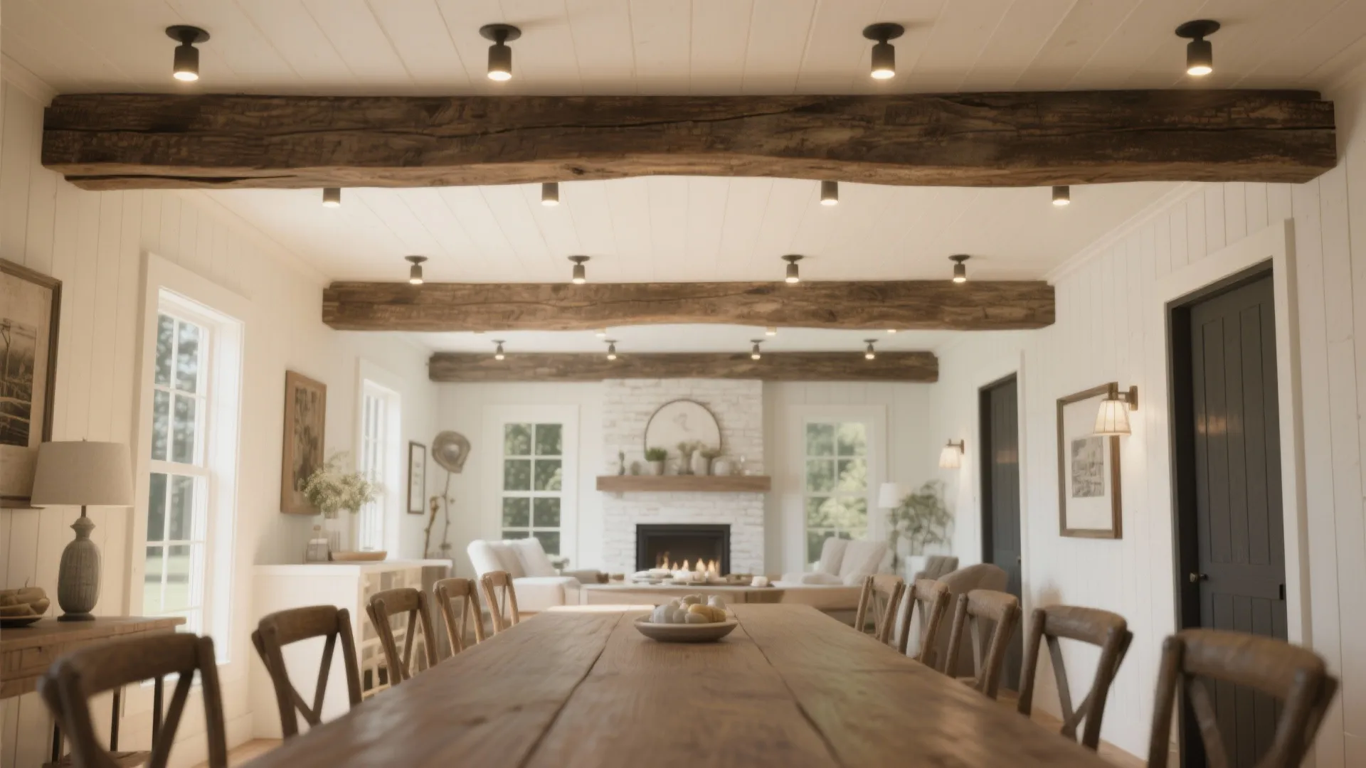 3. Statement Wooden Beam with Recessed Lighting