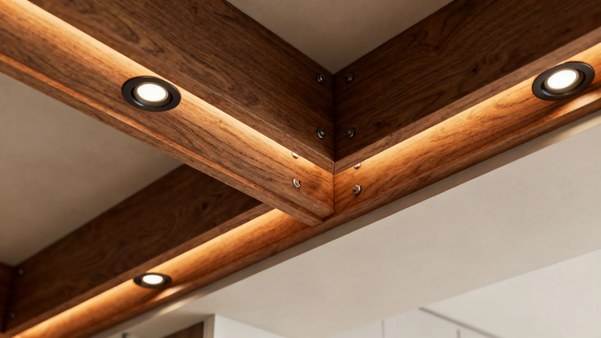 Wood-wrapped structural beam with recessed lighting forming a soffit between kitchen and living room.