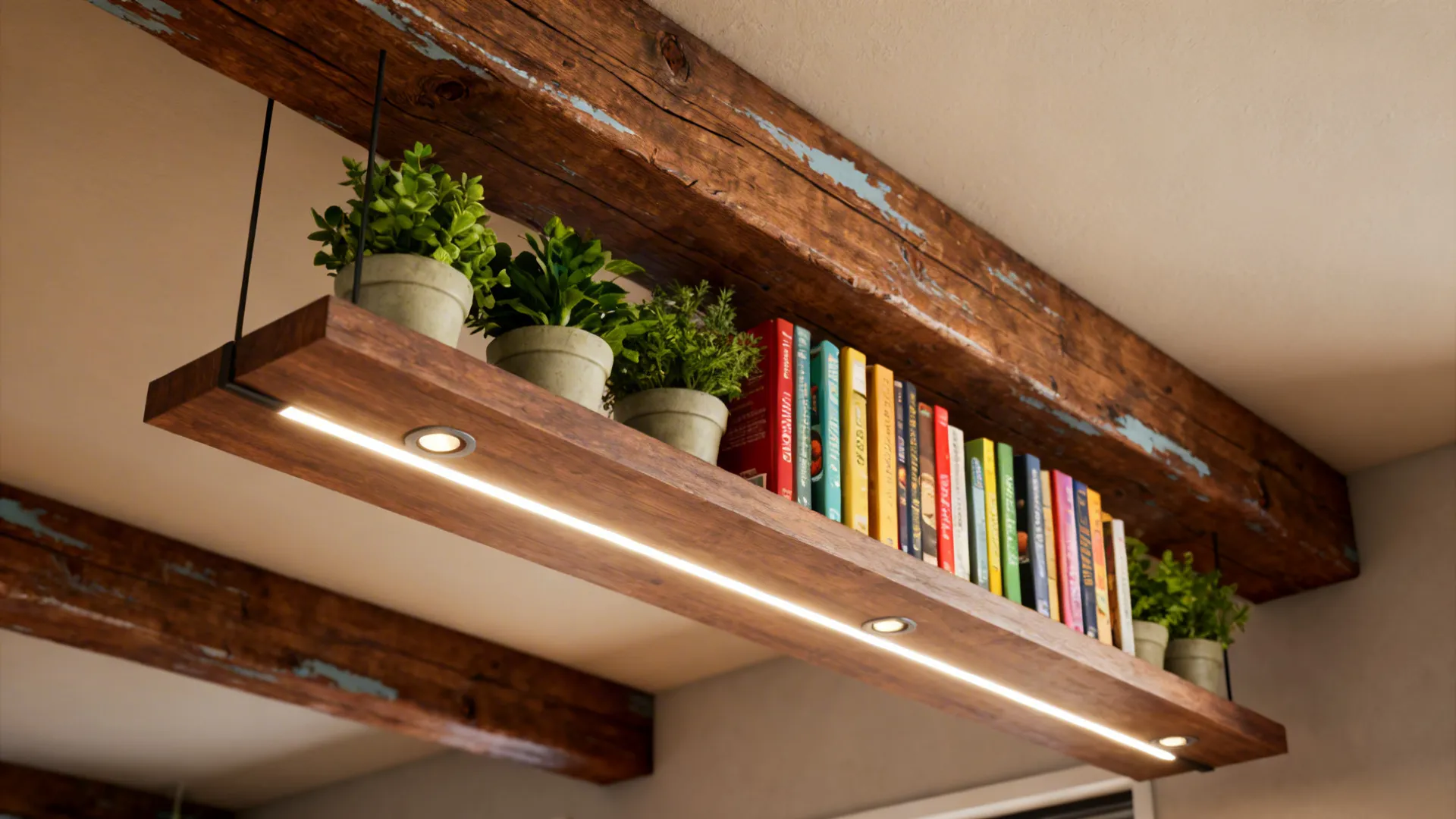 Close-up of a beam with a slim floating shelf and recessed LED lighting holding plants and books.