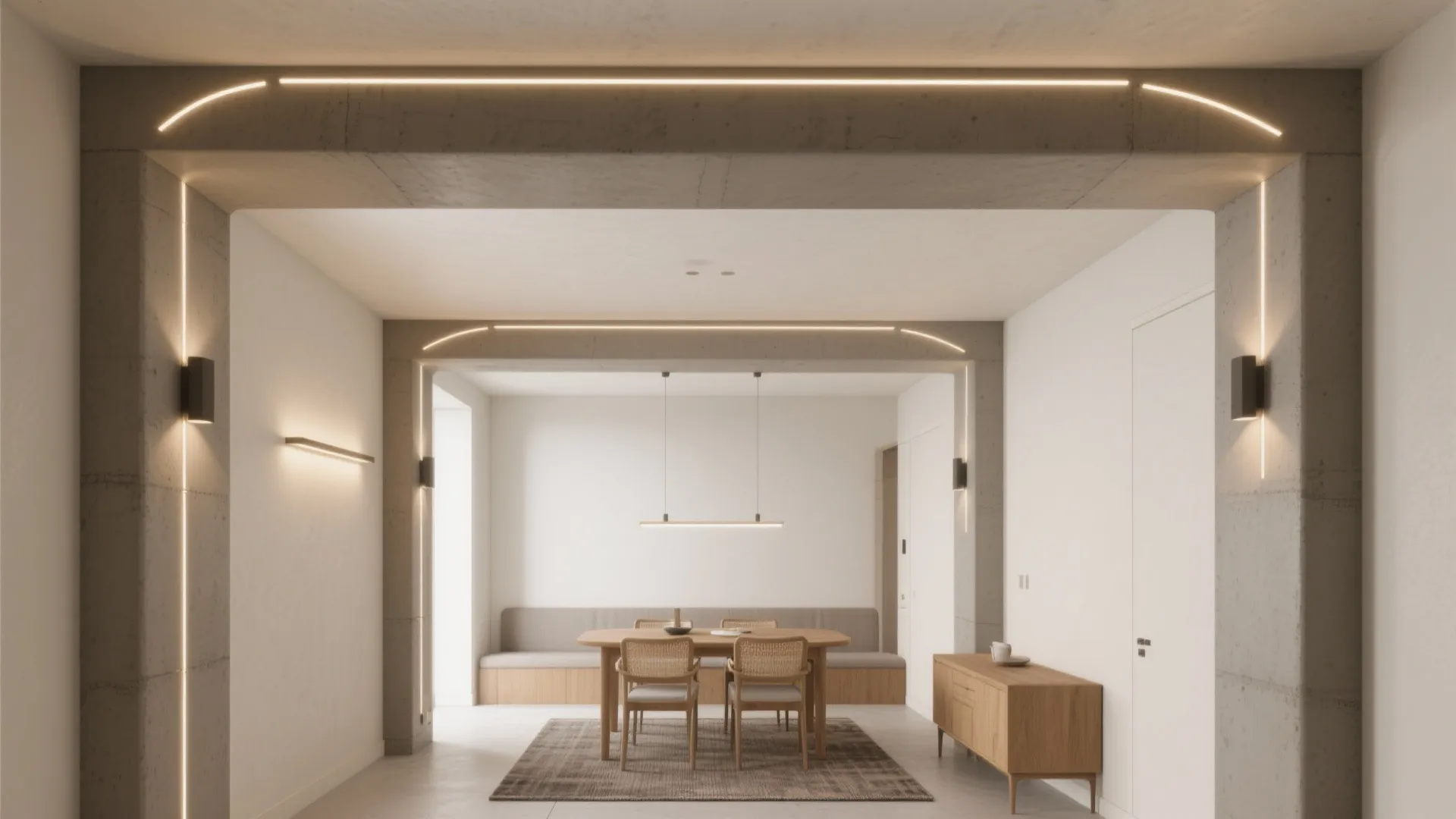 Dining area with wooden table chairs cabinet wall lights and decorative light strips on the ceiling