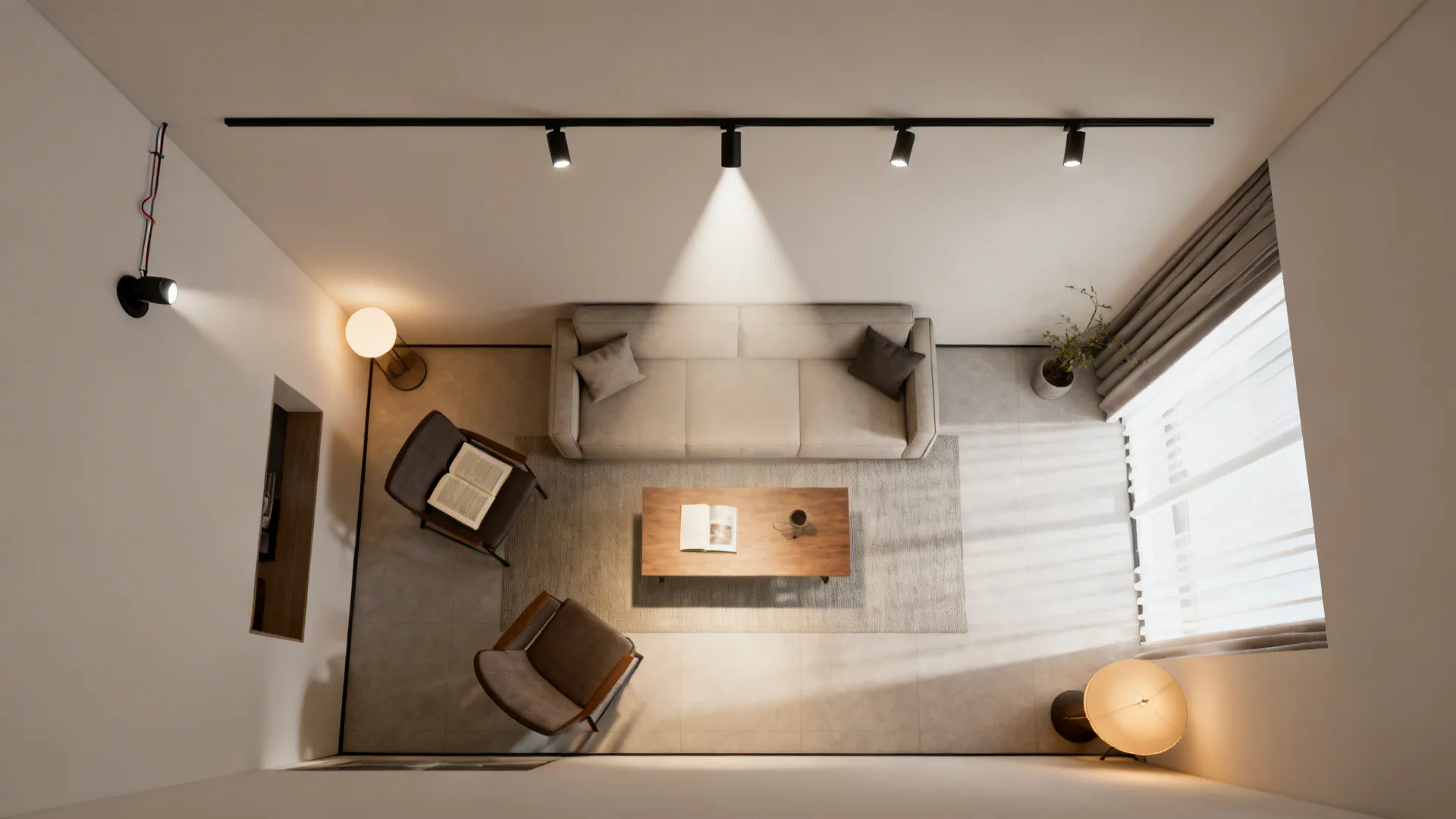 Top-down view of slim beam with recessed downlights aligned to seating in a small room.