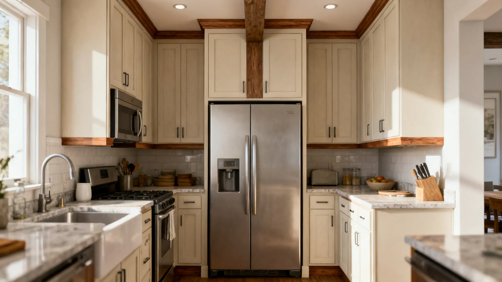 Kitchen with tall cabinets and a refrigerator flanking an exposed beam for a built-in zoning effect.