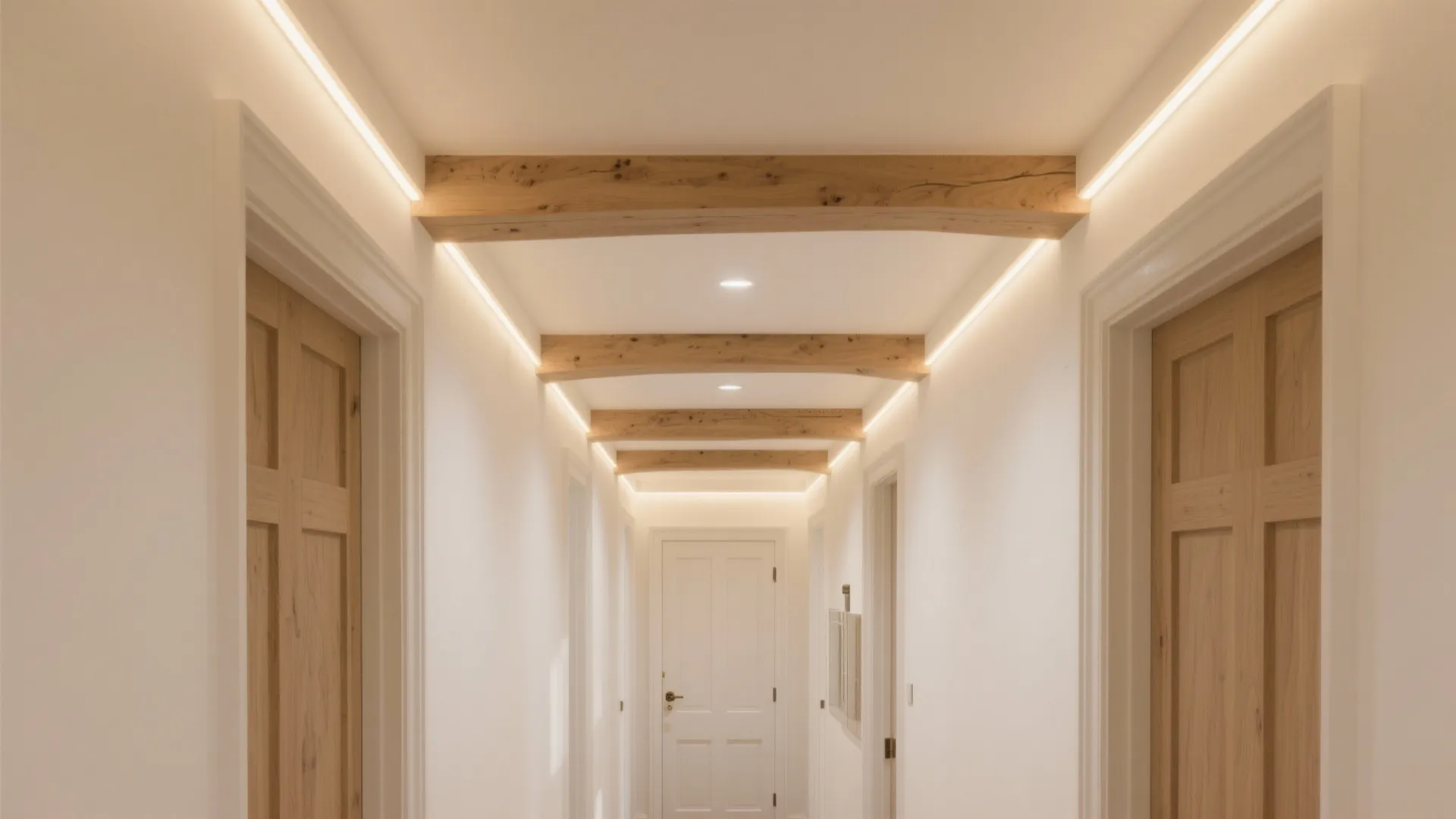Slim faux beams with hidden LED strips guide a cozy path in a small heritage hall.