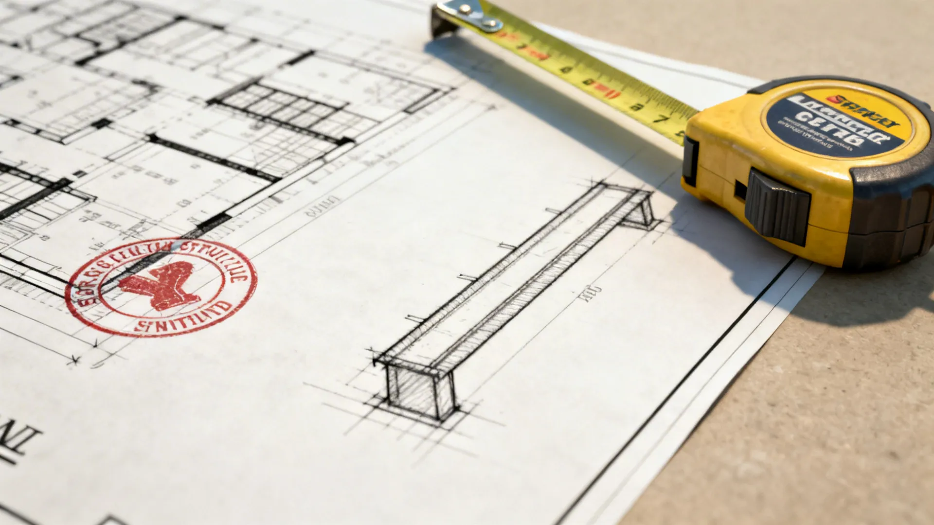 Close-up of structural plan, engineer stamp, and tape measure highlighting the need to verify beam load capacity.