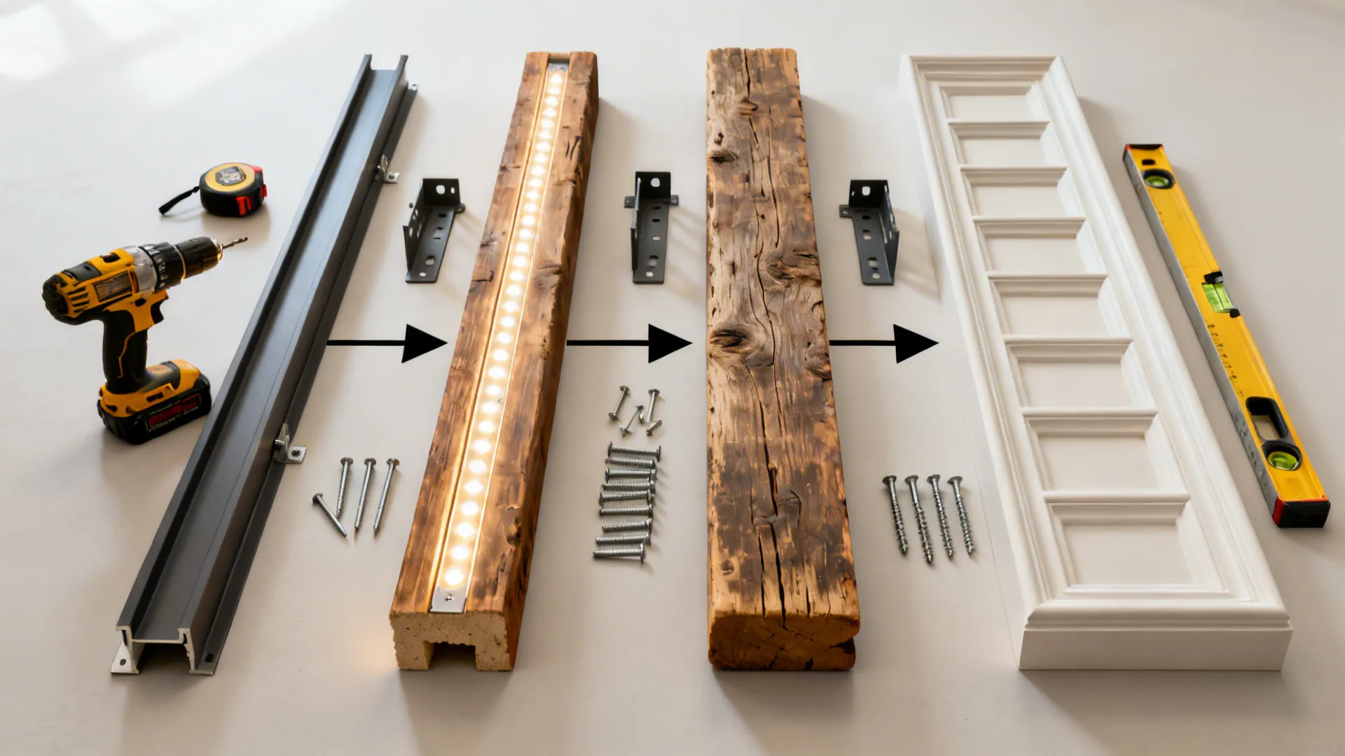Top-down sets of materials and tools representing different beam project timelines.