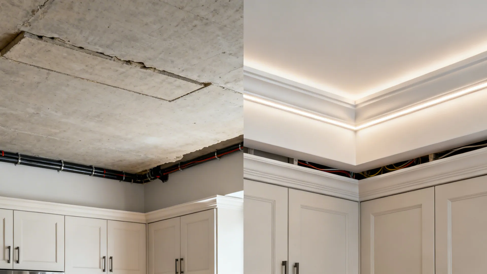 Before-after comparison from plain slab to refined beam-and-tray gypsum ceiling.