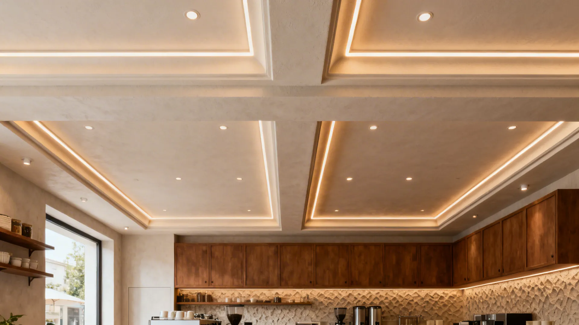 Kitchen ceiling with beams and a shallow gypsum tray highlighted by LED edges.