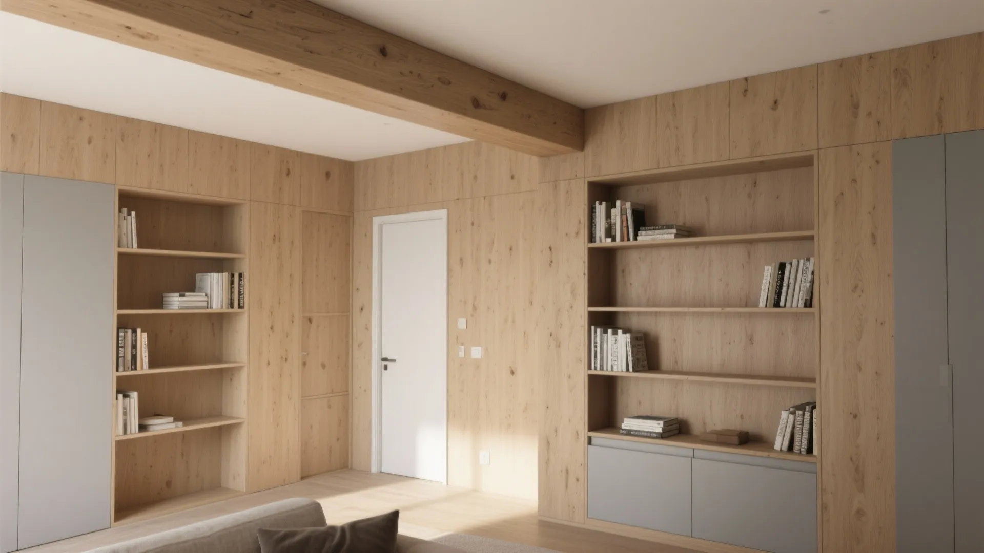 Modern room with wooden wall panels built in bookshelves white door and large wooden ceiling beam