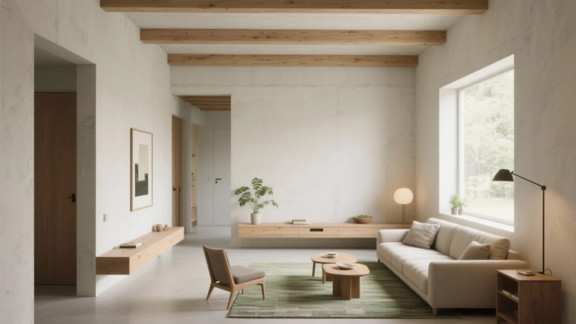 Bright interior design drawing with exposed wooden ceiling beams white sofa green rug and floor lamp