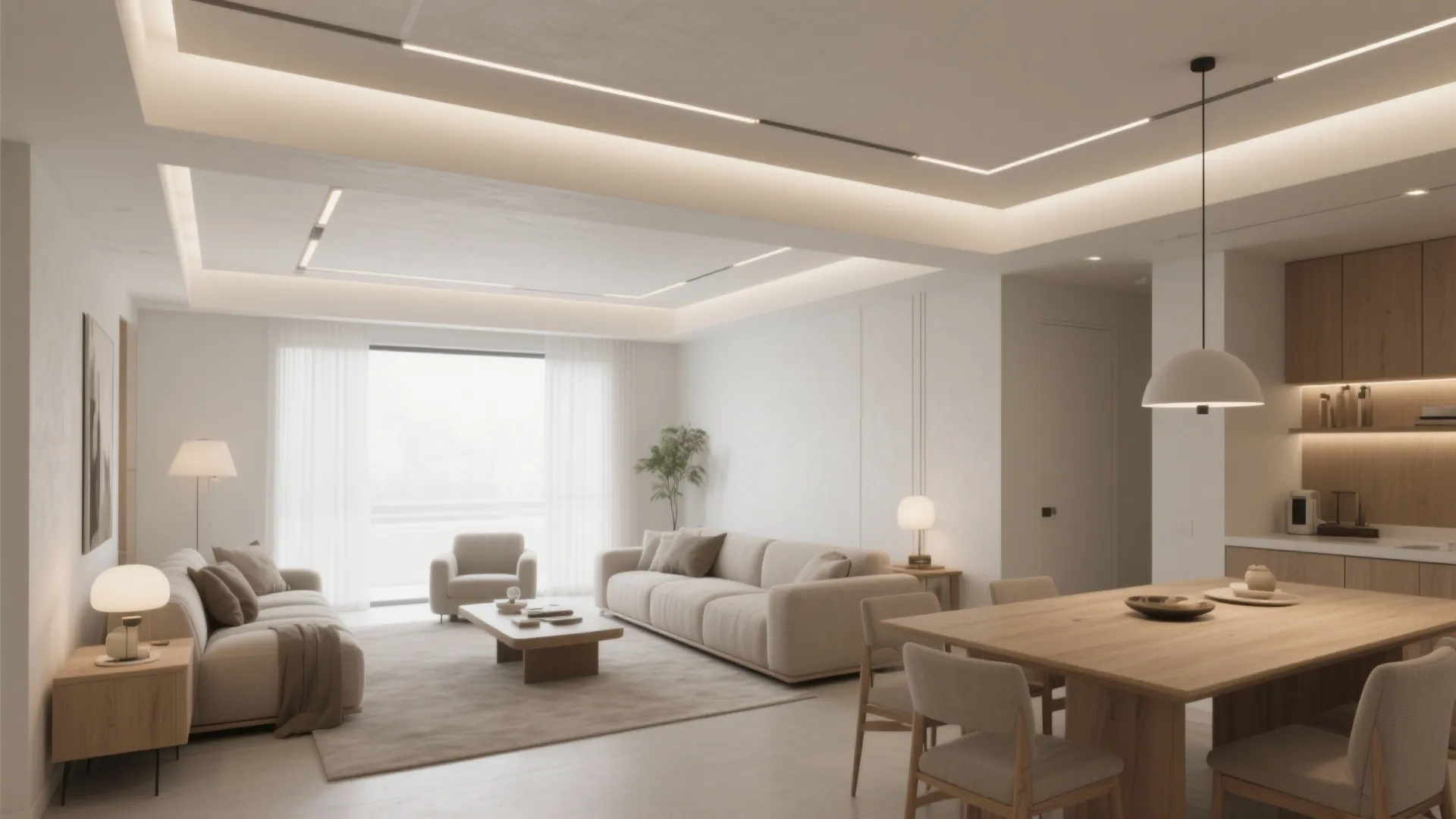 Open plan living room and dining area with cream sofas wooden table and white curtains