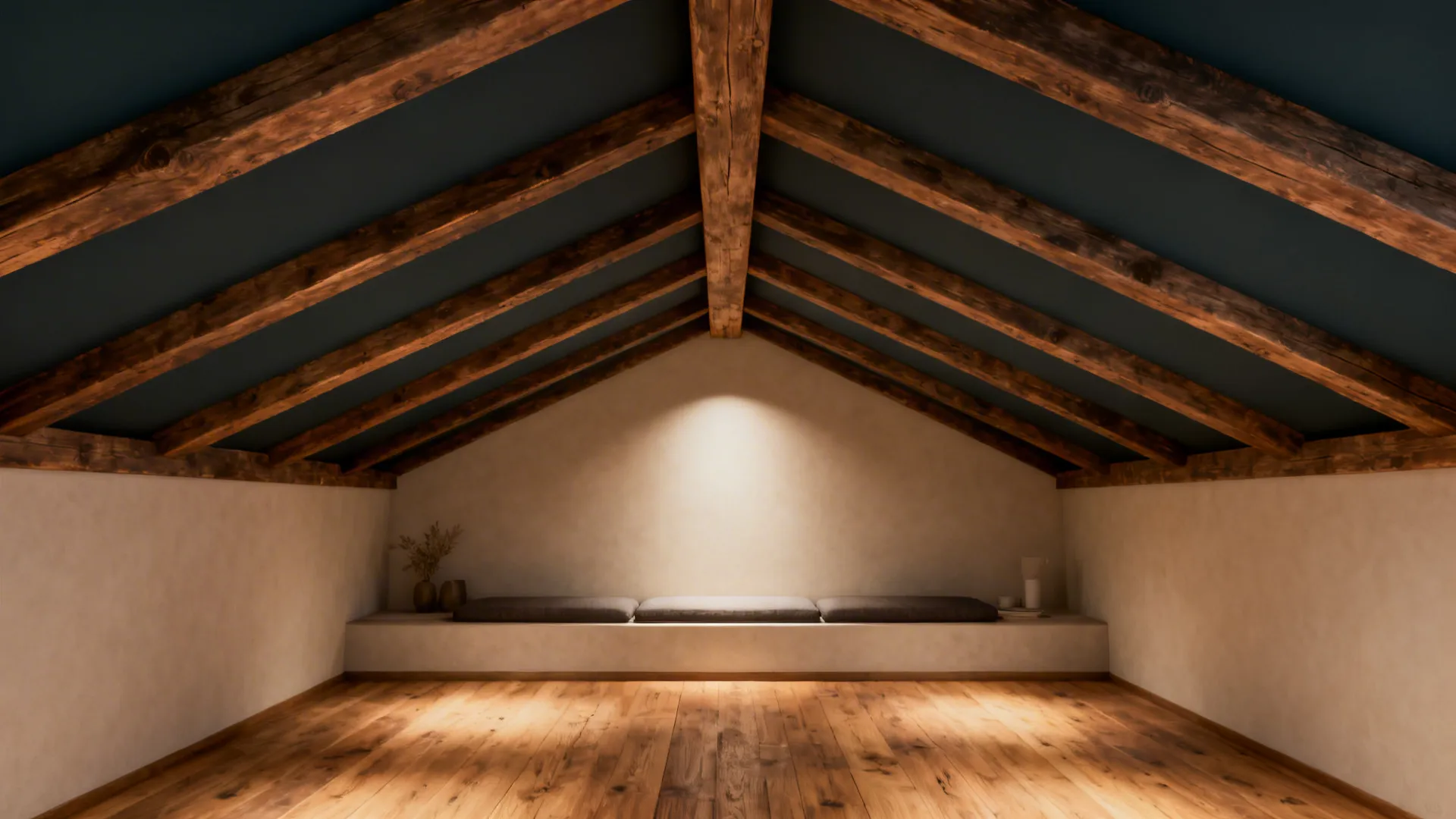 Vaulted ceiling with exposed wooden beams and a darker painted vault over a cozy living area.