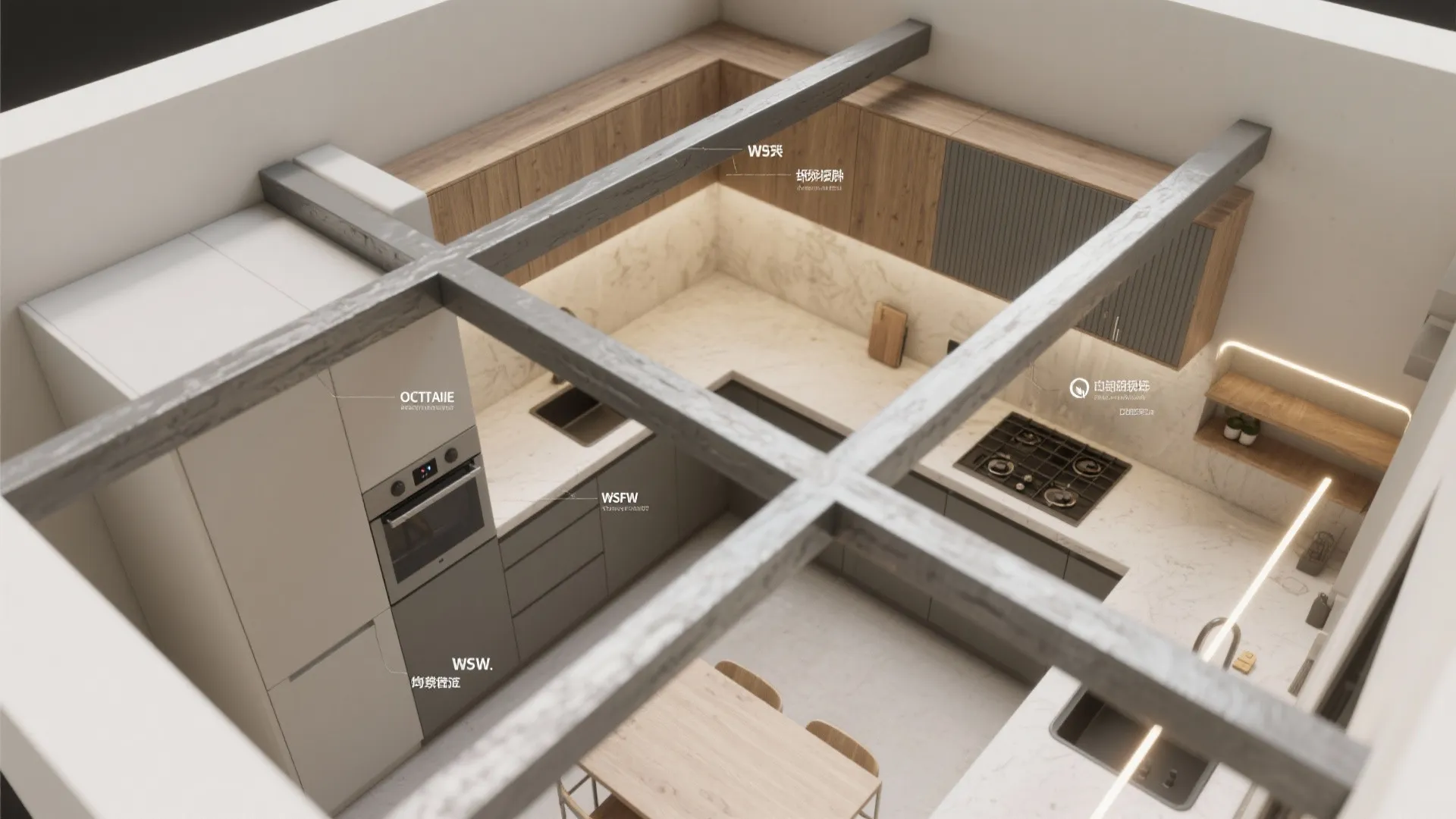 Interior design drawing showing top down view of kitchen with ceiling beams and wood cabinets
