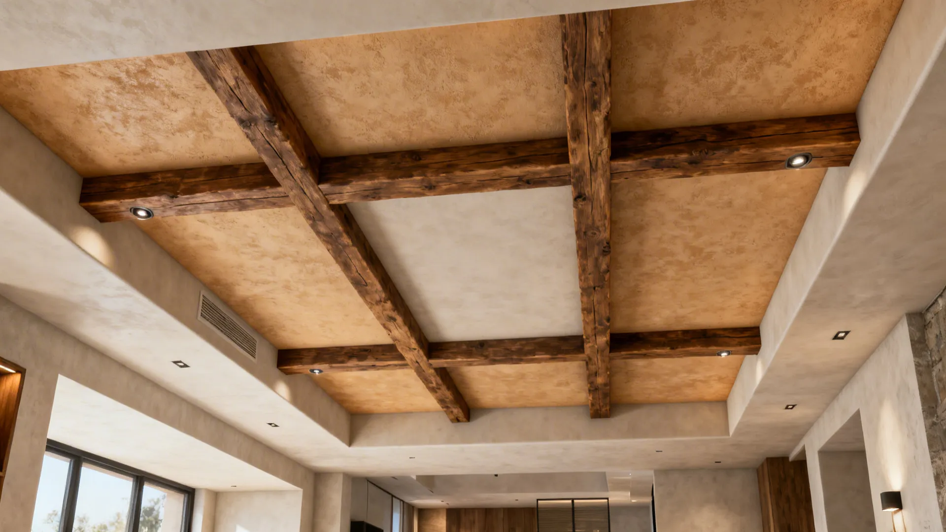 Cottage-modern living room with slim faux exposed beams and recessed plaster panels for a rustic-modern look.