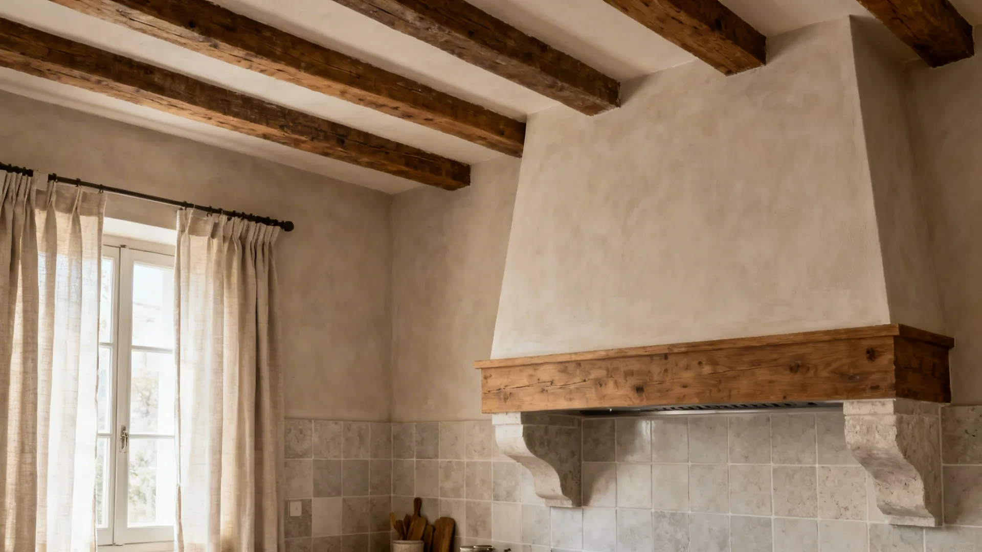 Compact kitchen with exposed beams, honed stone backsplash, and linen cafe curtains in soft daylight.