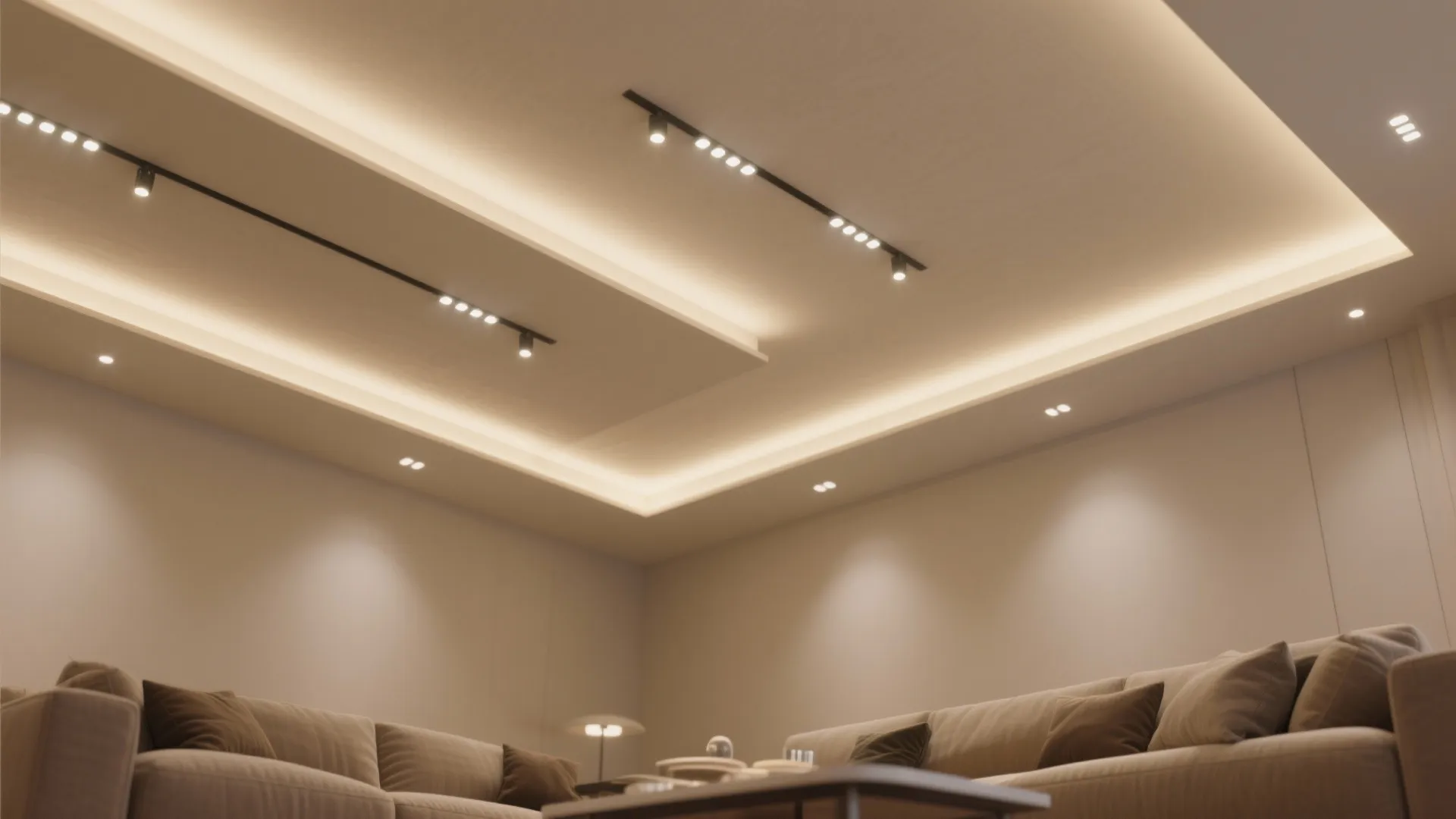 Modern ceiling design featuring multiple track light fixtures and warm hidden light strips above sofas