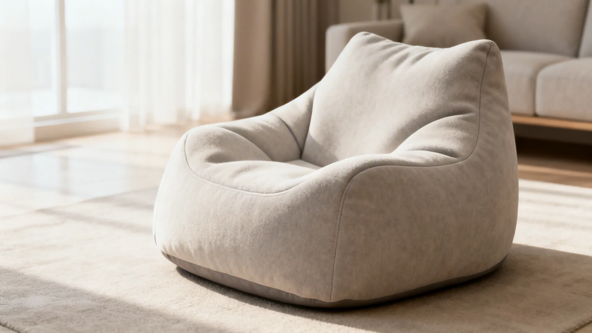 Modern living room with an ergonomic high-density foam bean bag designed for adult use.
