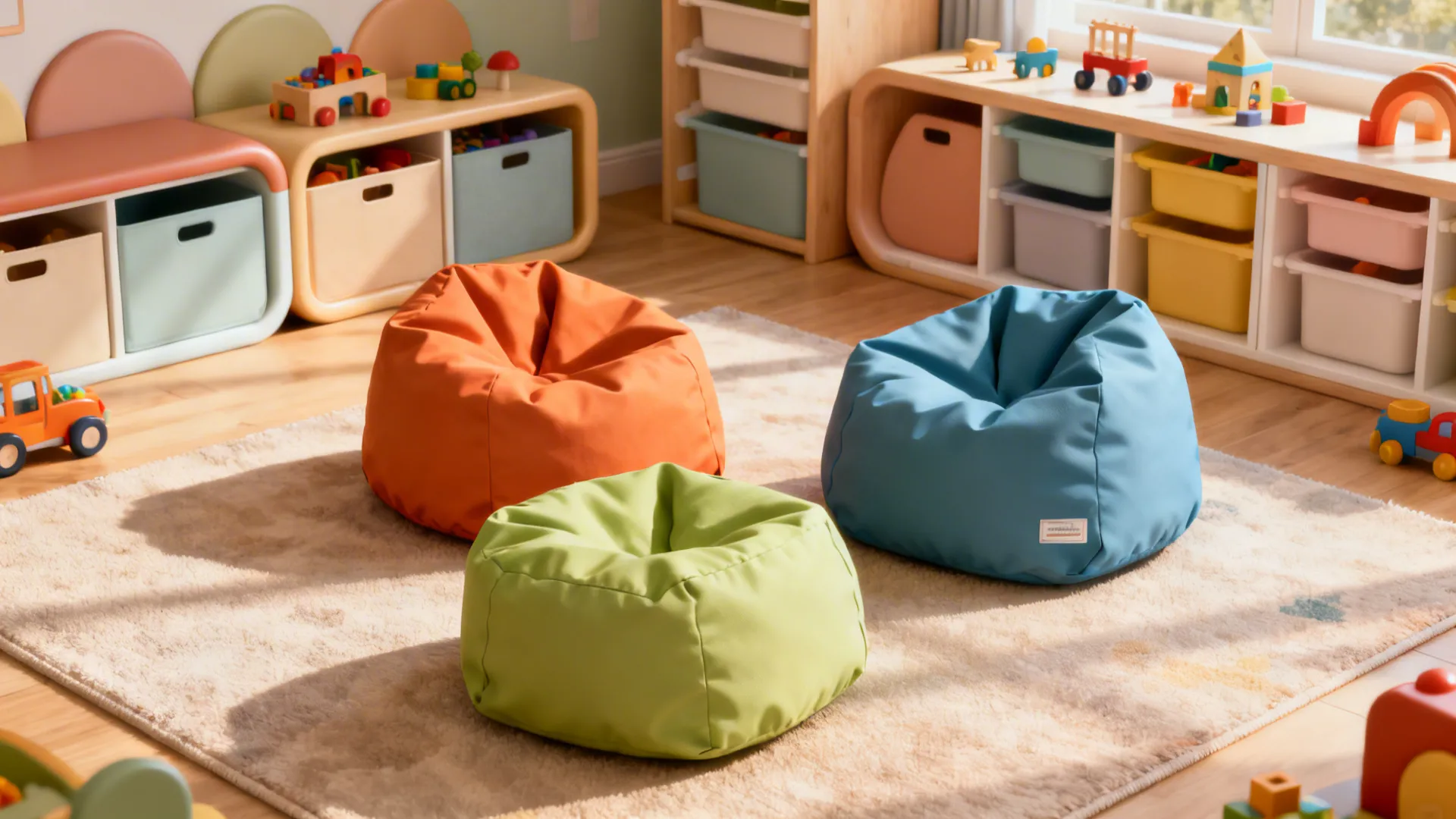 Kid-friendly corner with wipeable bean bags on a soft rug and low toy storage.