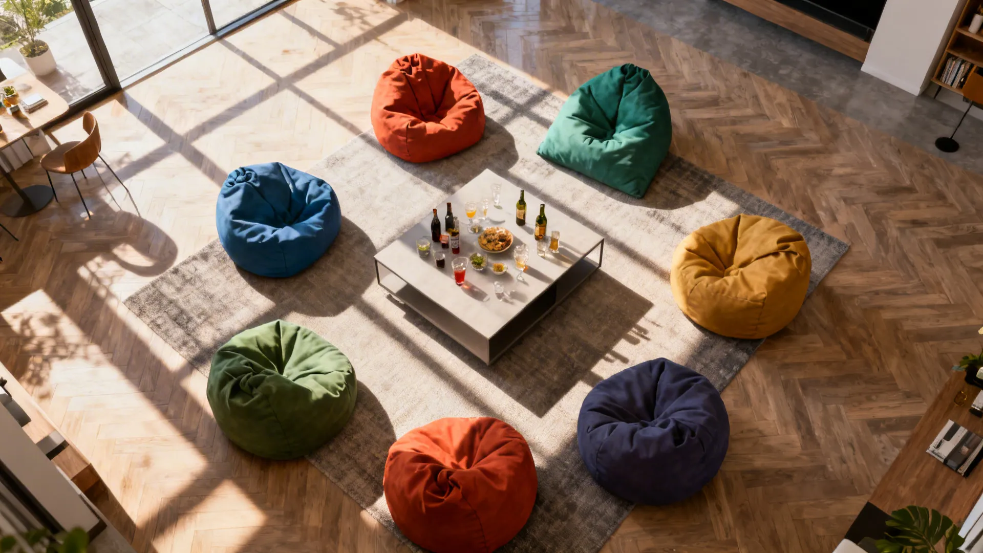 Top-down view of a living room showing movable bean bag seating around a coffee table to illustrate flexible layouts.