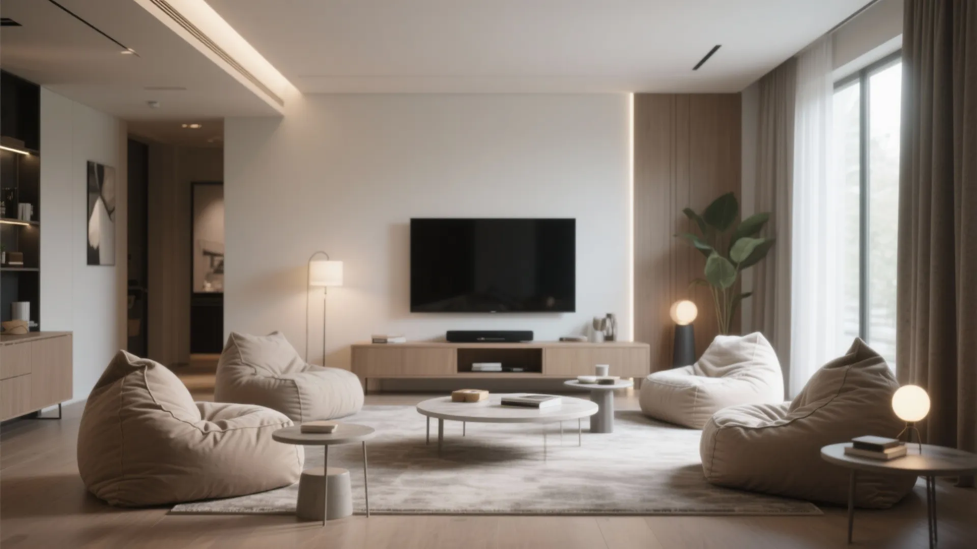 Structured bean bags with side tables in a cozy media room