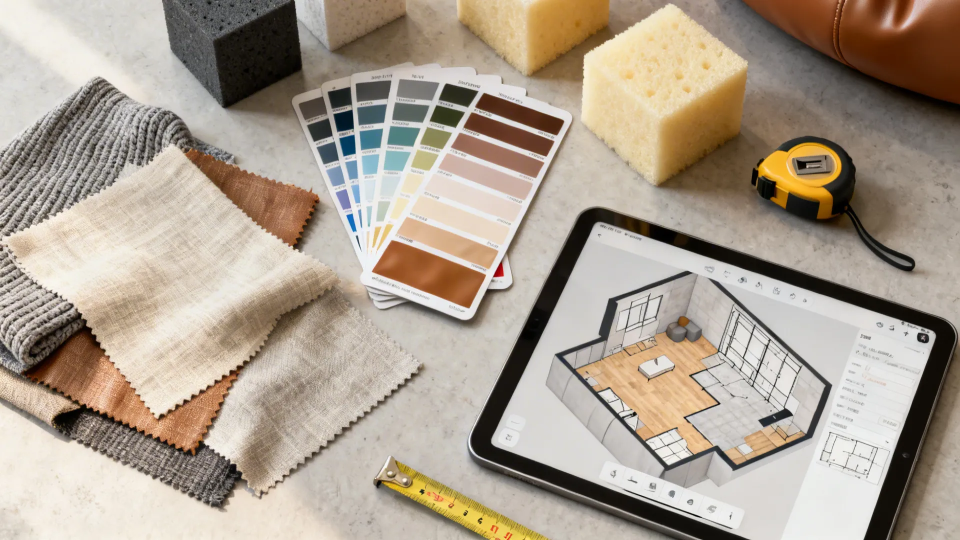 Flatlay of fabric swatches, foam samples and a tablet with a 3D floor planner for bean bag selection.