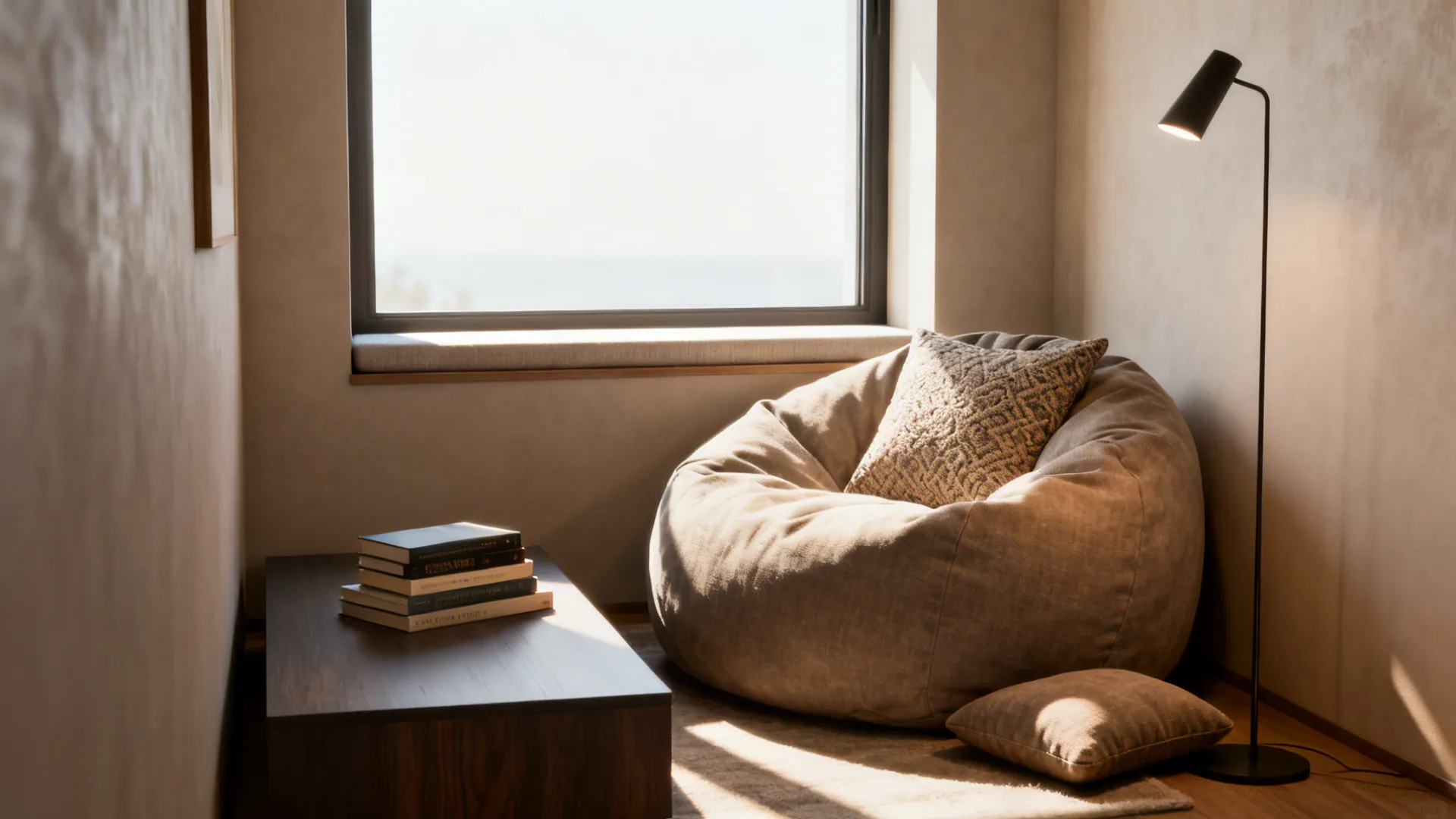 A cozy reading nook with a bean bag chair, slim floor lamp and stack of books by a window.