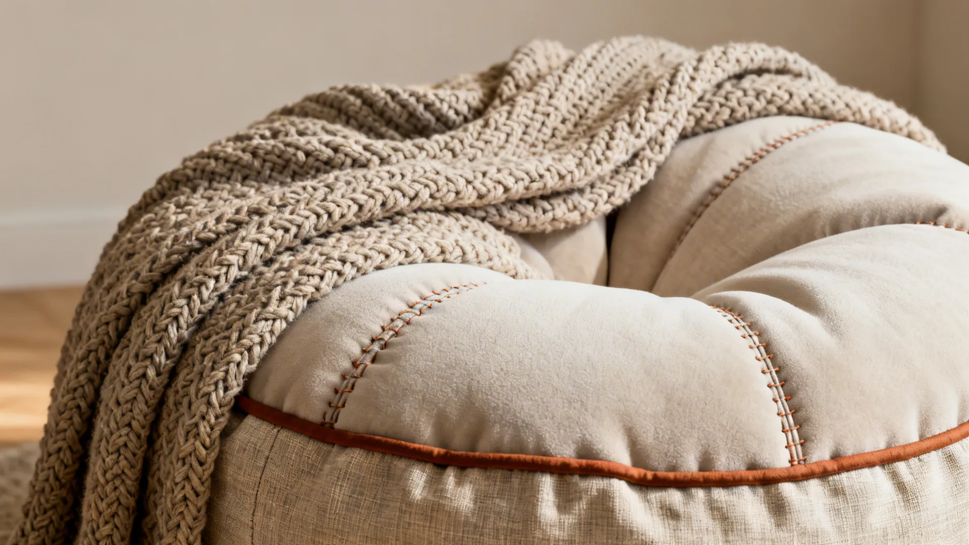 Close-up of a bean bag with a chunky knit throw and removable linen slip, showing fabric texture.