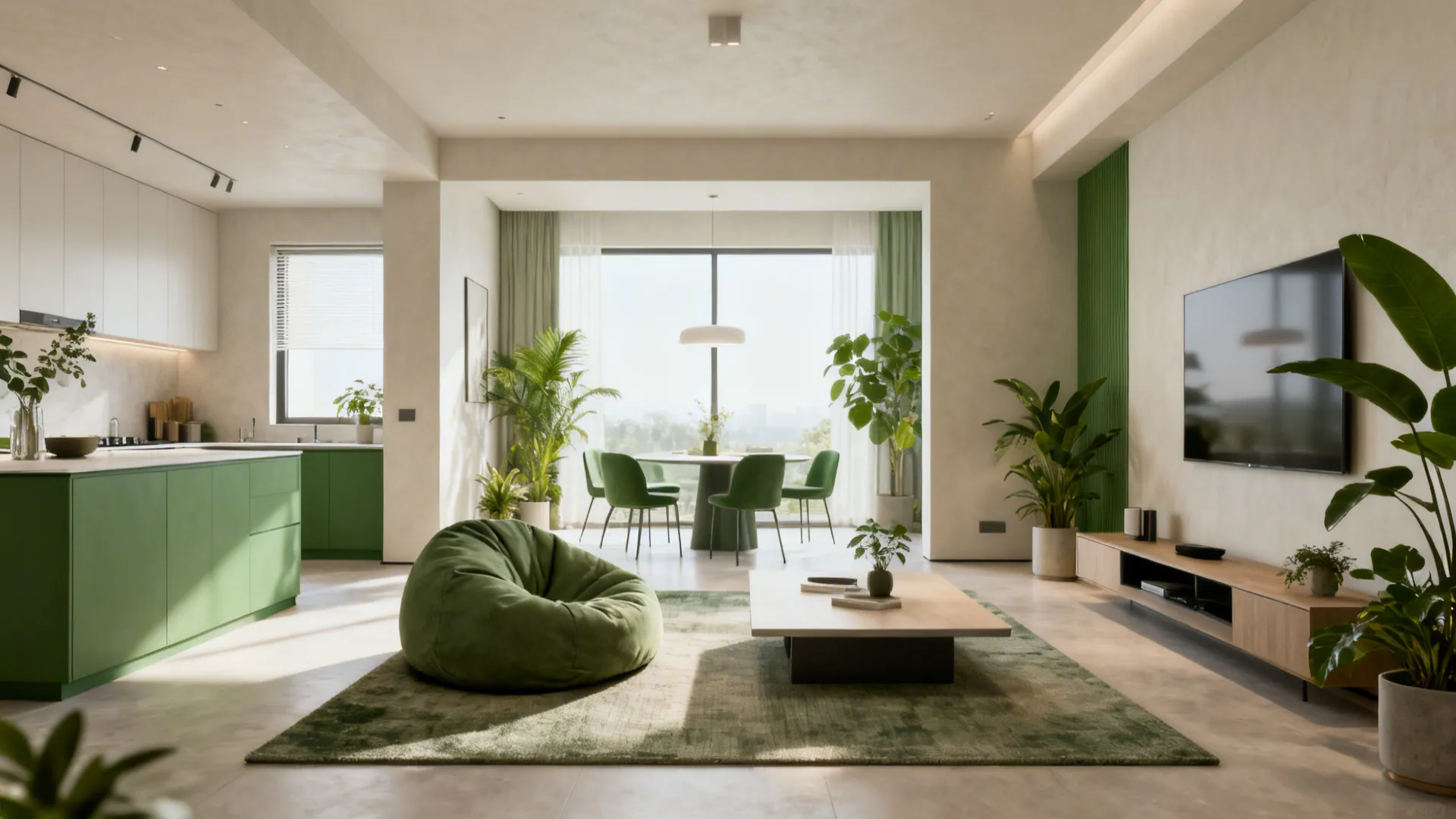 Open-plan living area with a bean bag defining a cozy lounge zone on an area rug and low coffee table.