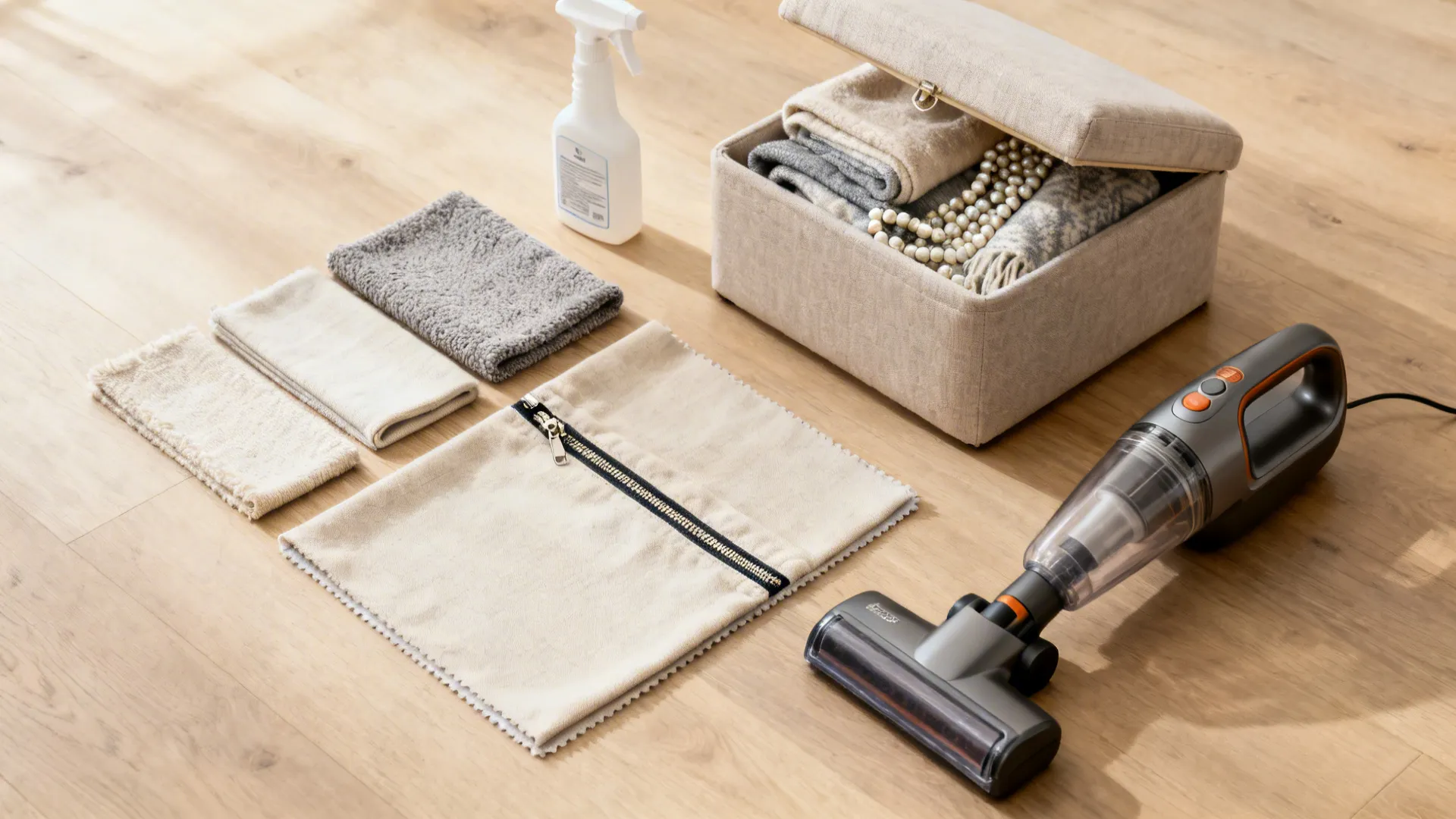 Flat-lay of removable covers, dual-liner swatch, handheld vacuum, fabric protector, and storage ottoman.